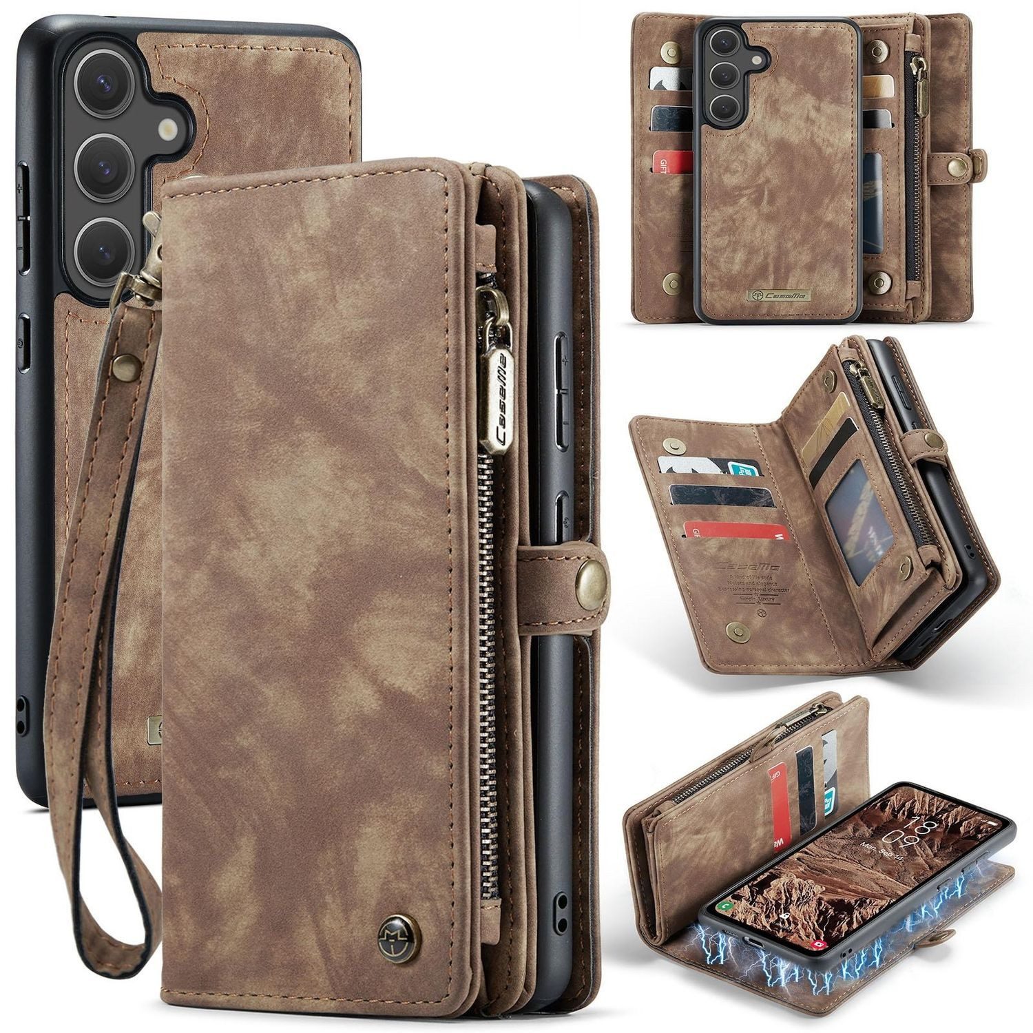 CaseMe Handyhülle Für Samsung Galaxy S25 5G Kunstleder Multifunktion Tasche Hülle Braun, Kunst-Leder Schutz Tasche Smart Case Multifunktion