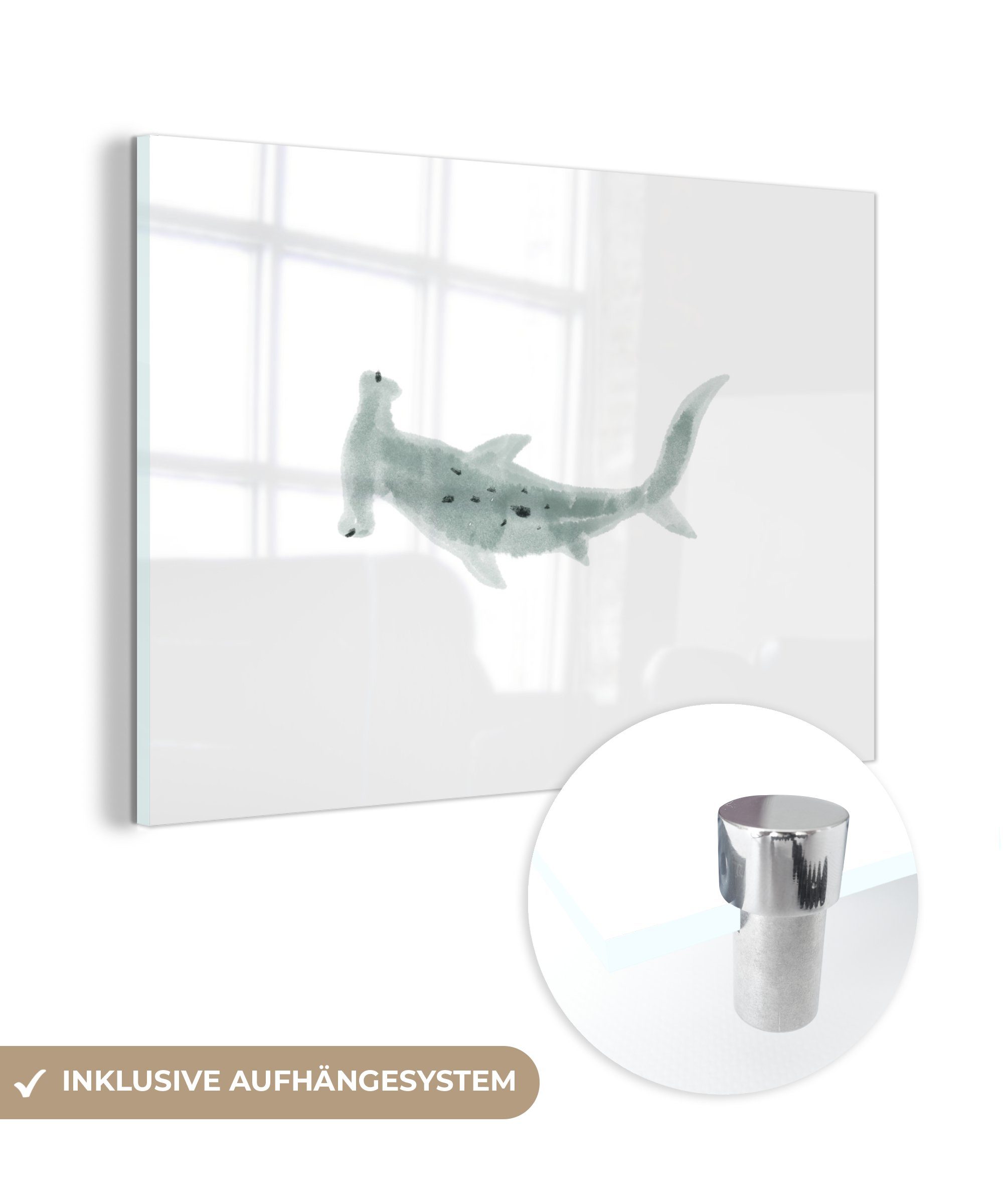 MuchoWow Acrylglasbild Hai - Aquarell - Grau, (1 St), Acrylglasbilder Wohnzimmer & Schlafzimmer
