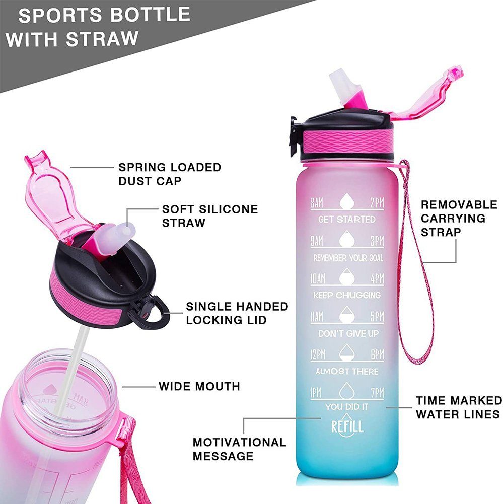 Orbeet Feldflasche Trinkflasche Blau Fassungsvermögen 1L Water Sport Bottle,mit Trinkhalm, Rosa