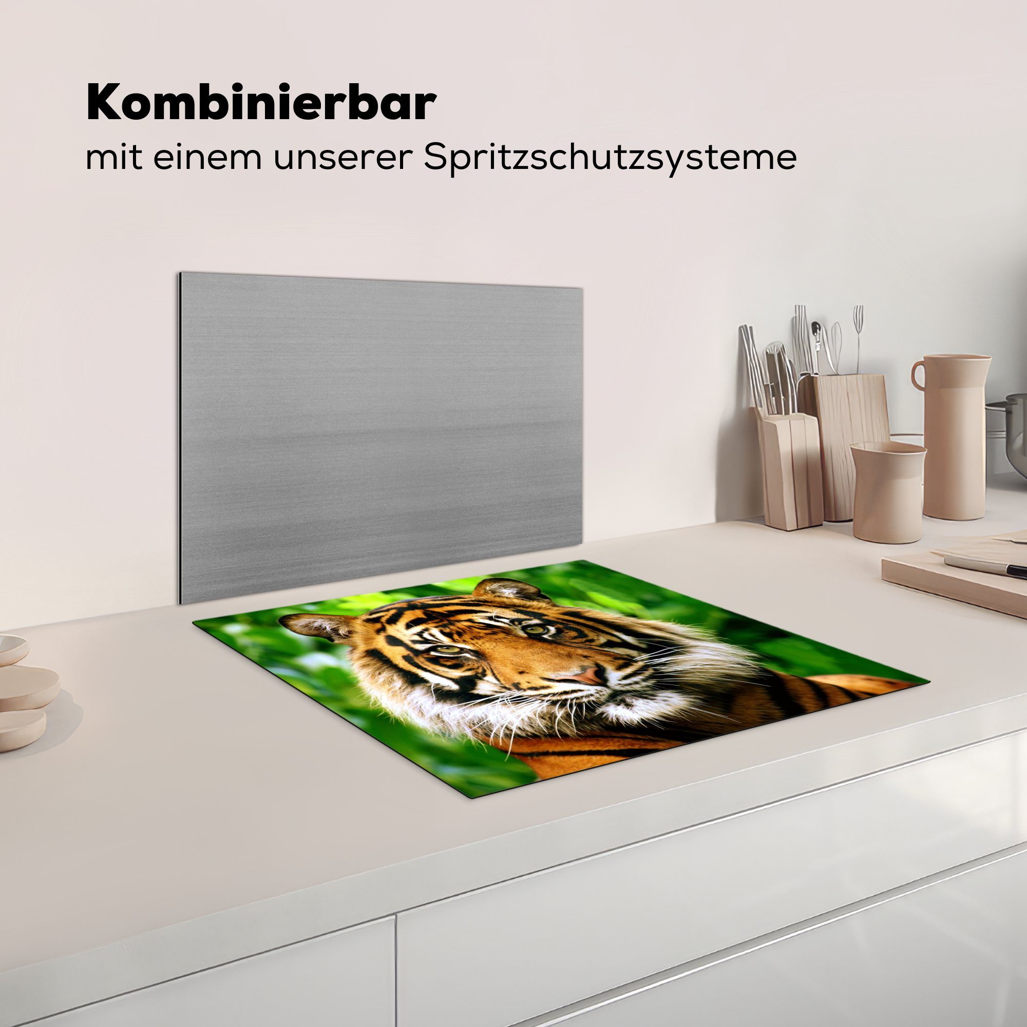 cm, - die Induktionsmatte Vinyl, tlg), (1 59x52 - für Wald, Ceranfeldabdeckung Herdblende-/Abdeckplatte MuchoWow Tiger küche, Kopf