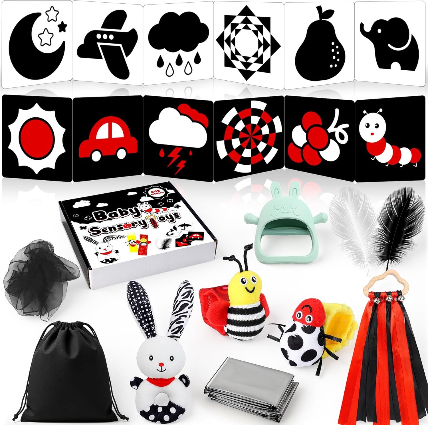 POPOLIC Lernspielzeug Kontrastkarten Baby - 29 Pcs Montessori Baby Spielzeug 0-12 Monate (0 3 6 12 Monate Neugeborenen Spielzeug, Schwarz Rot Babys Stoffbuch mit Spiegeln), Kontrastkarten Babys, Babies Geschenk