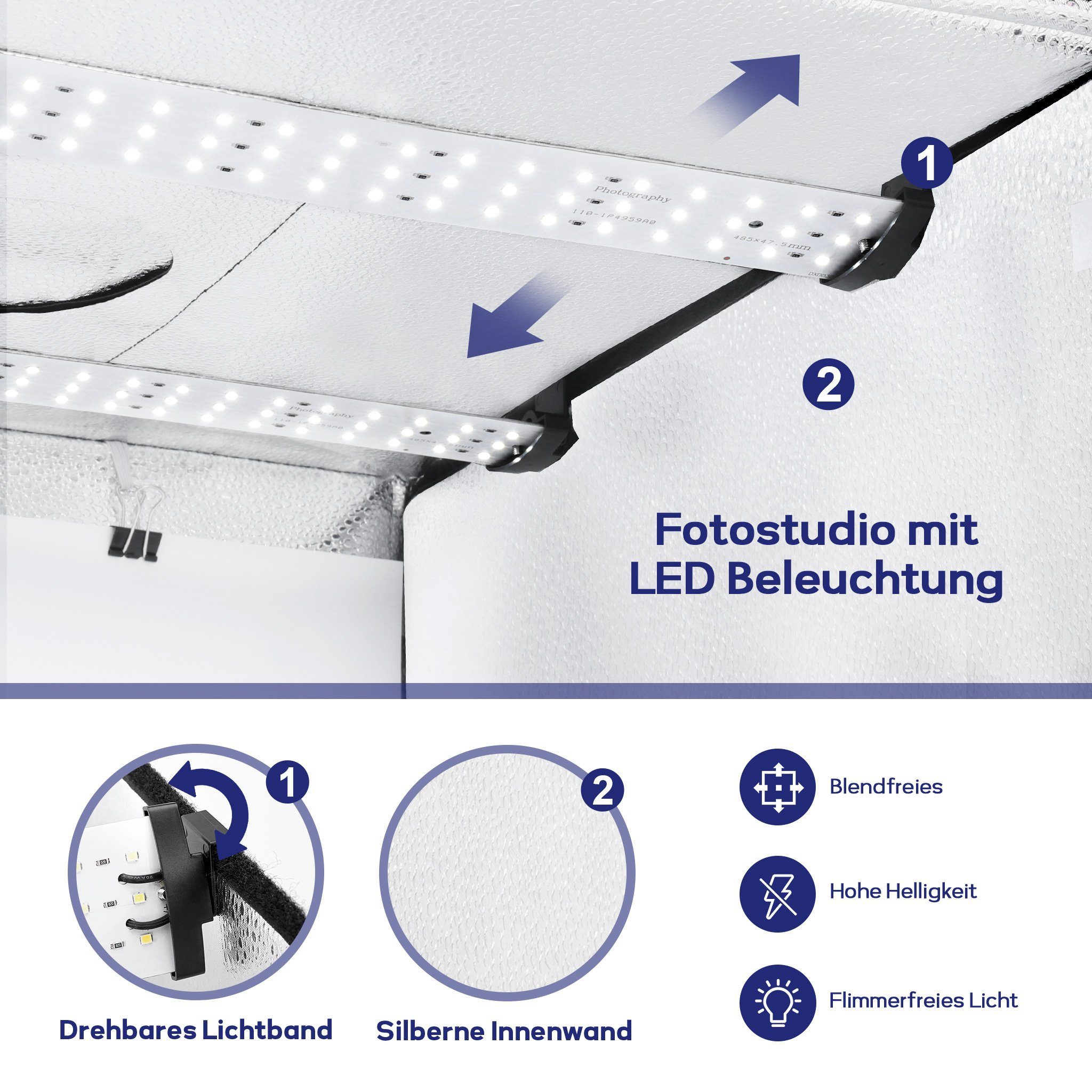 Yorbay Fotostudio-Box Fotostudio Set 52 x 52 x 52 cm LED Lichtbox Lichtwürfel Lichtzelt, mit 6 PVC-Hintergrundfolien(schwarz,rein weiß,grau,orange,rot,blau)
