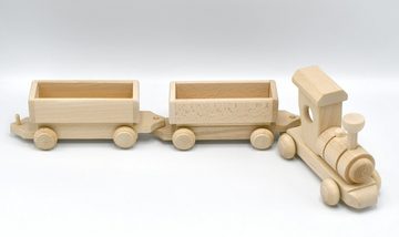 MyBer® Spielzeug-Zug Modell Zug Holzzug Spielzeugzug aus Massivholz Holz Lokomotive 2 Wägen, (3-tlg)