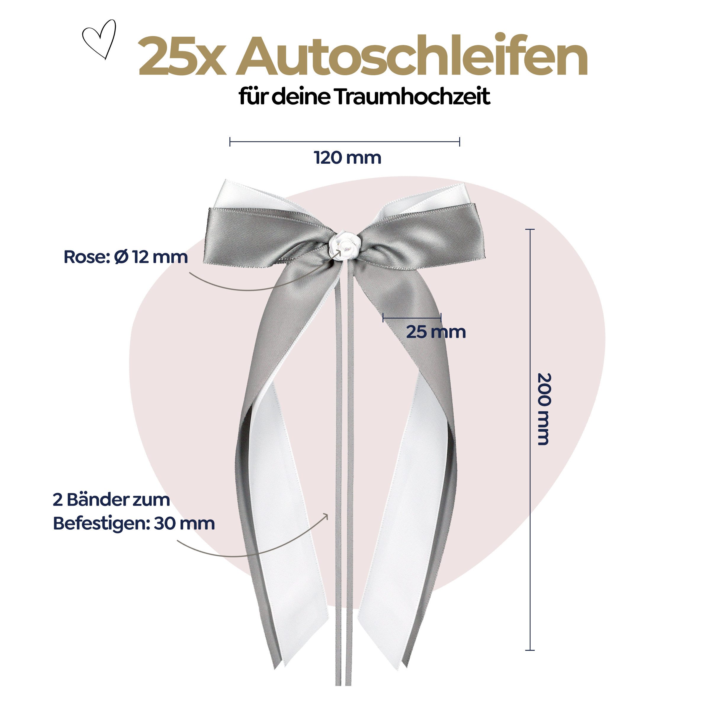 white & ivory Dekoobjekt Autoschleifen Hochzeit mit Rose + extra langem Befestigungsband (25 St)