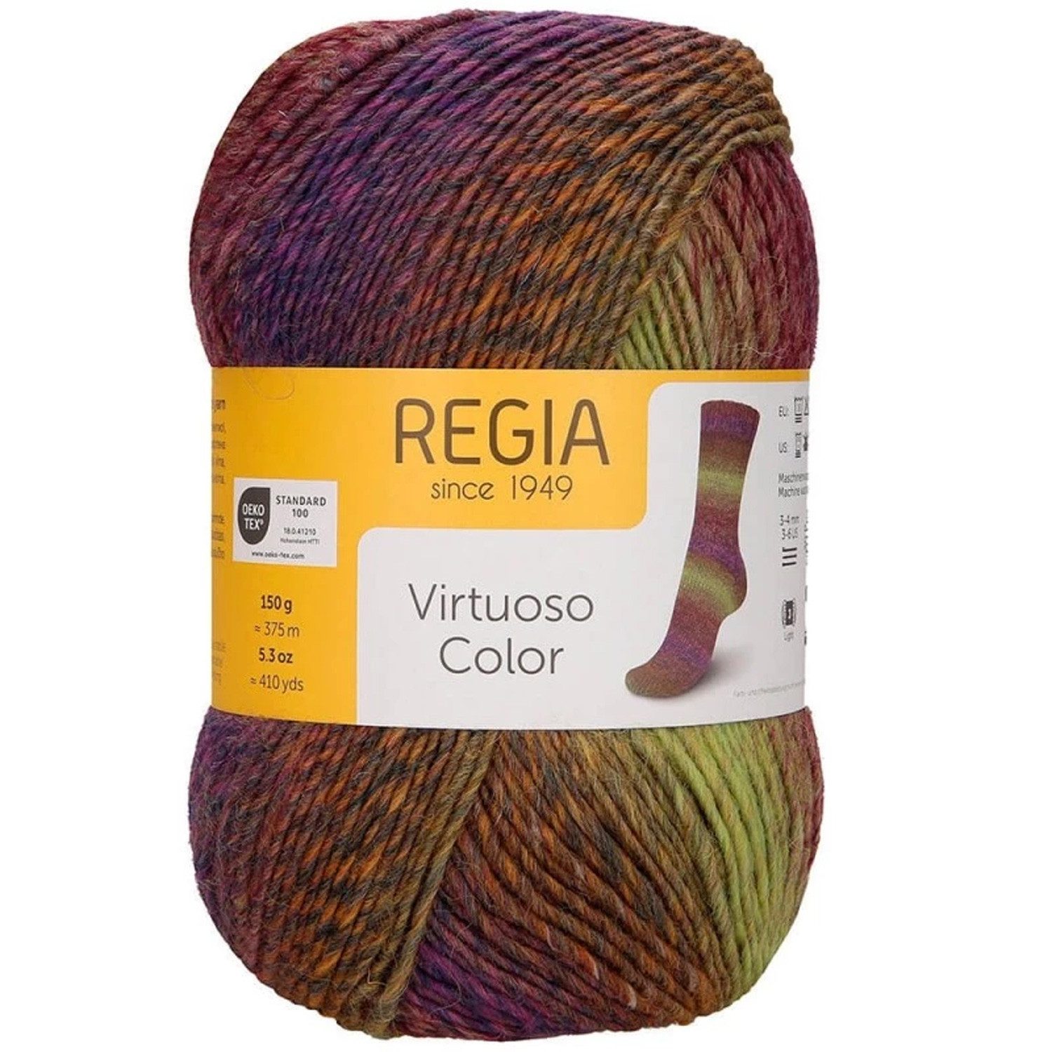 Regia dicke Sockenwolle wie 6fädig Virtuoso Color Strumpfwolle 6fach Häkelwolle, 375,00 m (150g Sockengarn wie 6-fädig / 6-fach, Wolle zum Stricken und Häkeln), Dochtgarn mit Farbverlauf