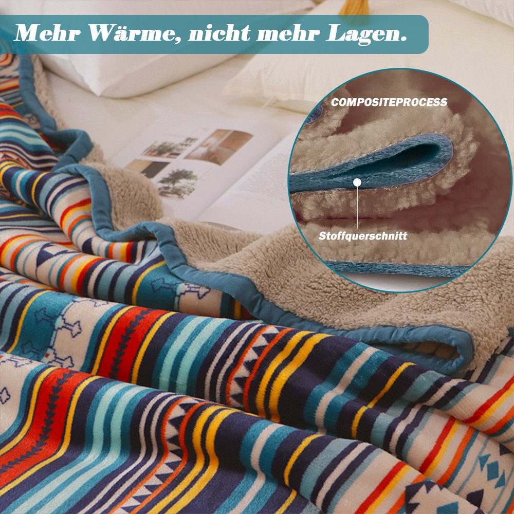 Wolldecke Kuscheldecke zweiseitige Decke, flauschig & weich Sofadecke, Wohndecke, TUWENA, Coral-Fleece-Überwurf Couchdecke warme, Fleecedecke, Bunte Streifen