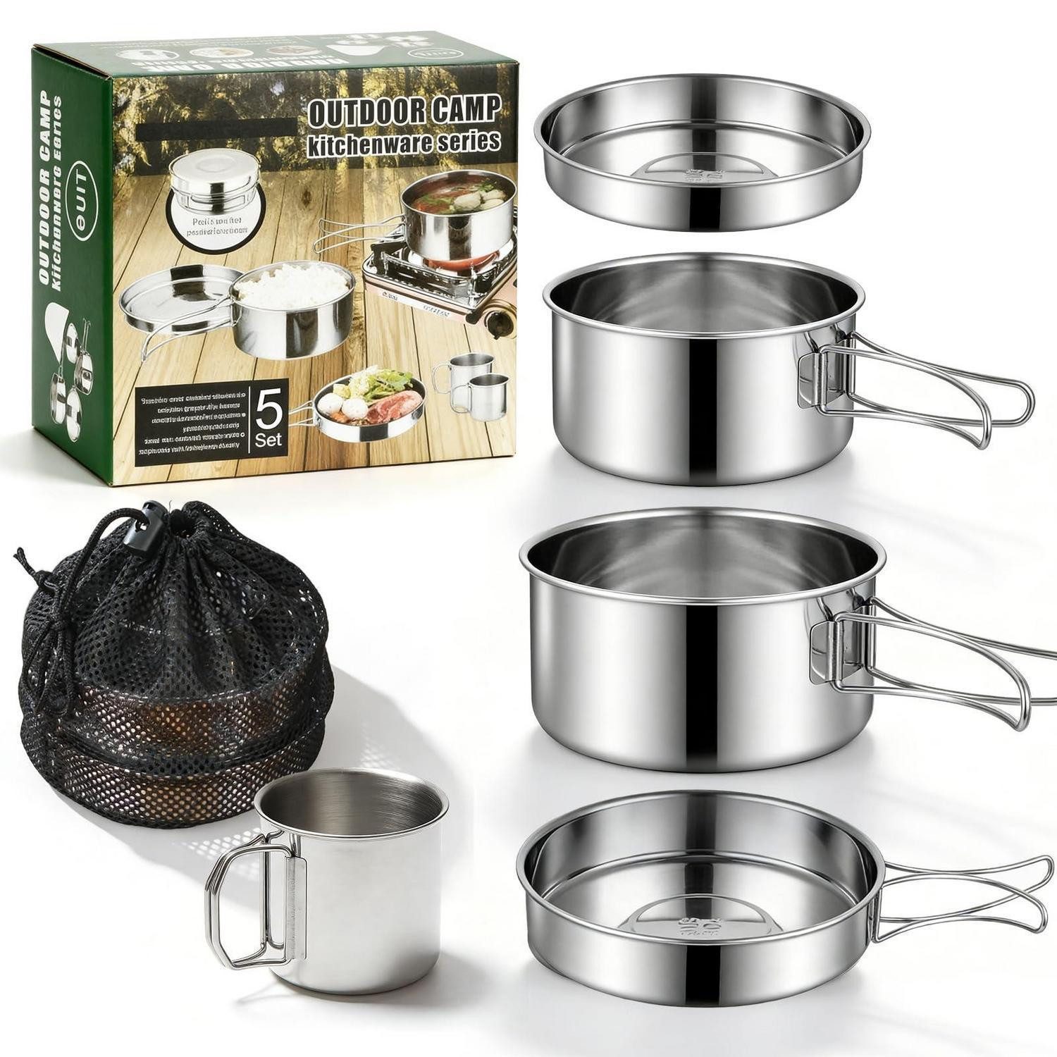 LuxusKollektion Campinglöffel Camping Kochset Edelstahl 5tlg. Stapelbar