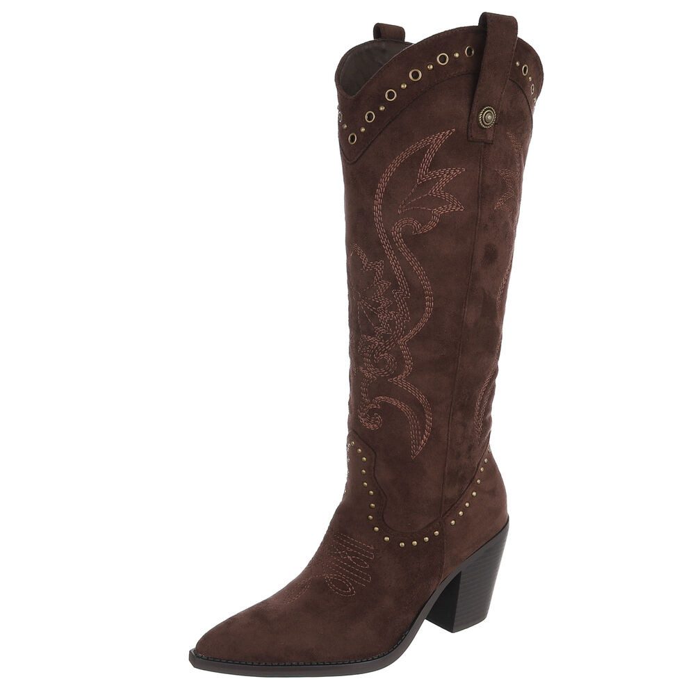 Ital-Design Damen Westernstiefel kniehoch mit Blockabsatz Westernstiefel (92078775) Blockabsatz Stiefel in Braun