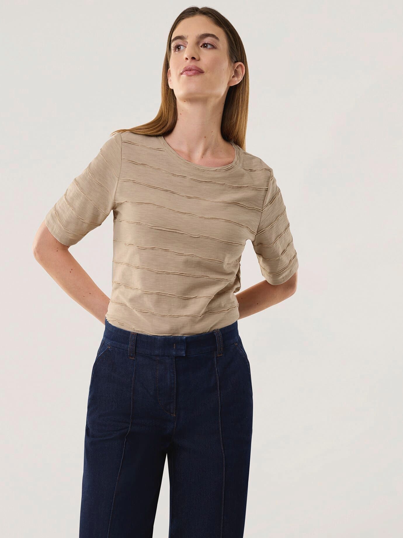 Walbusch T-Shirt Damen Baumwollshirt Streifenstruktur Rundhals pflegeleicht Atmungsaktiv, Regular-Fit, Länge ca. 64 cm, maschinenwaschbar