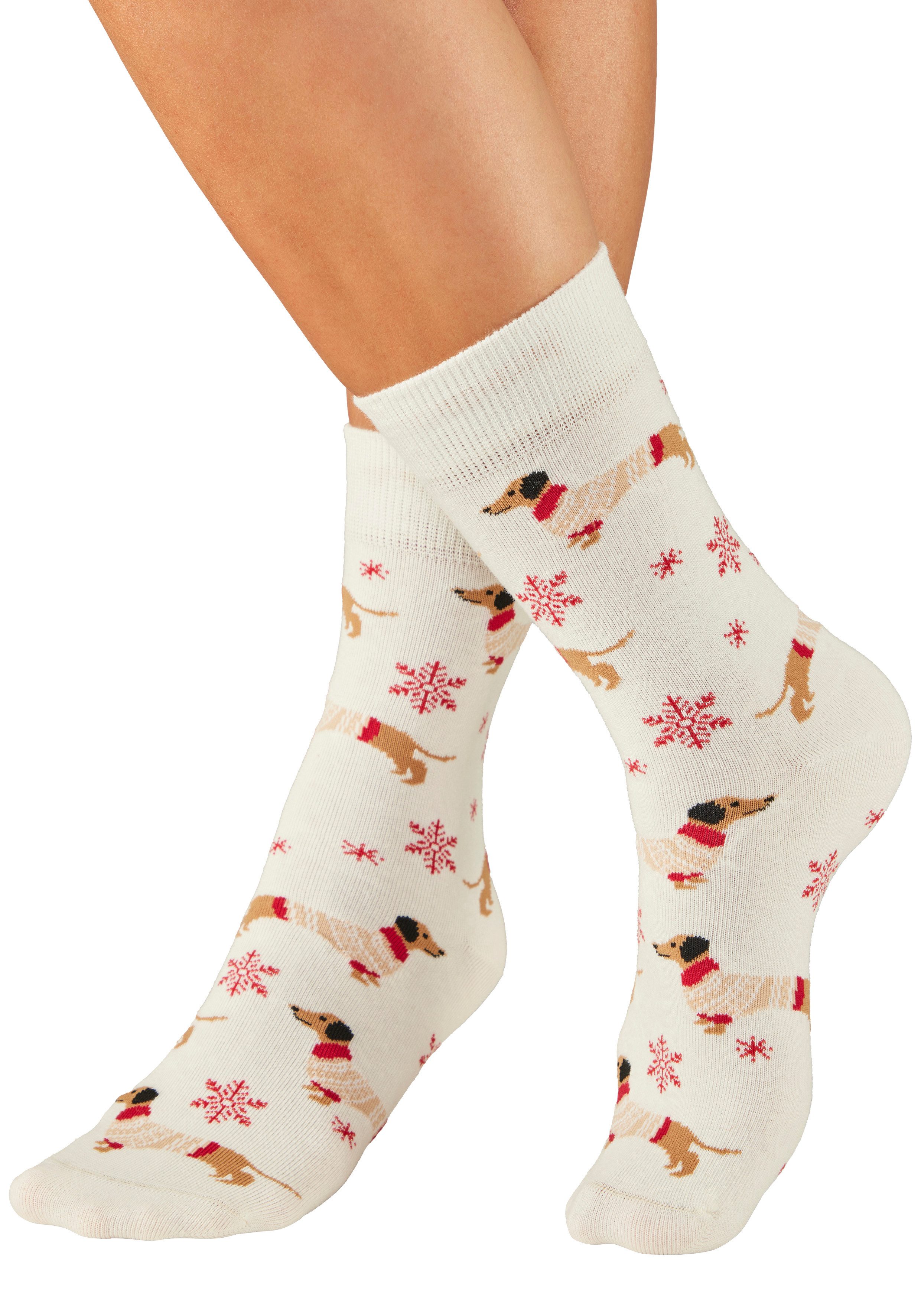 LASCANA Freizeitsocken Damen Weihnachtssocken Dackel (Packung, 2-Paar, Gr. 35-38 bis 39-42) mit festlichen Dackelmotiven – Bild 3 von 5