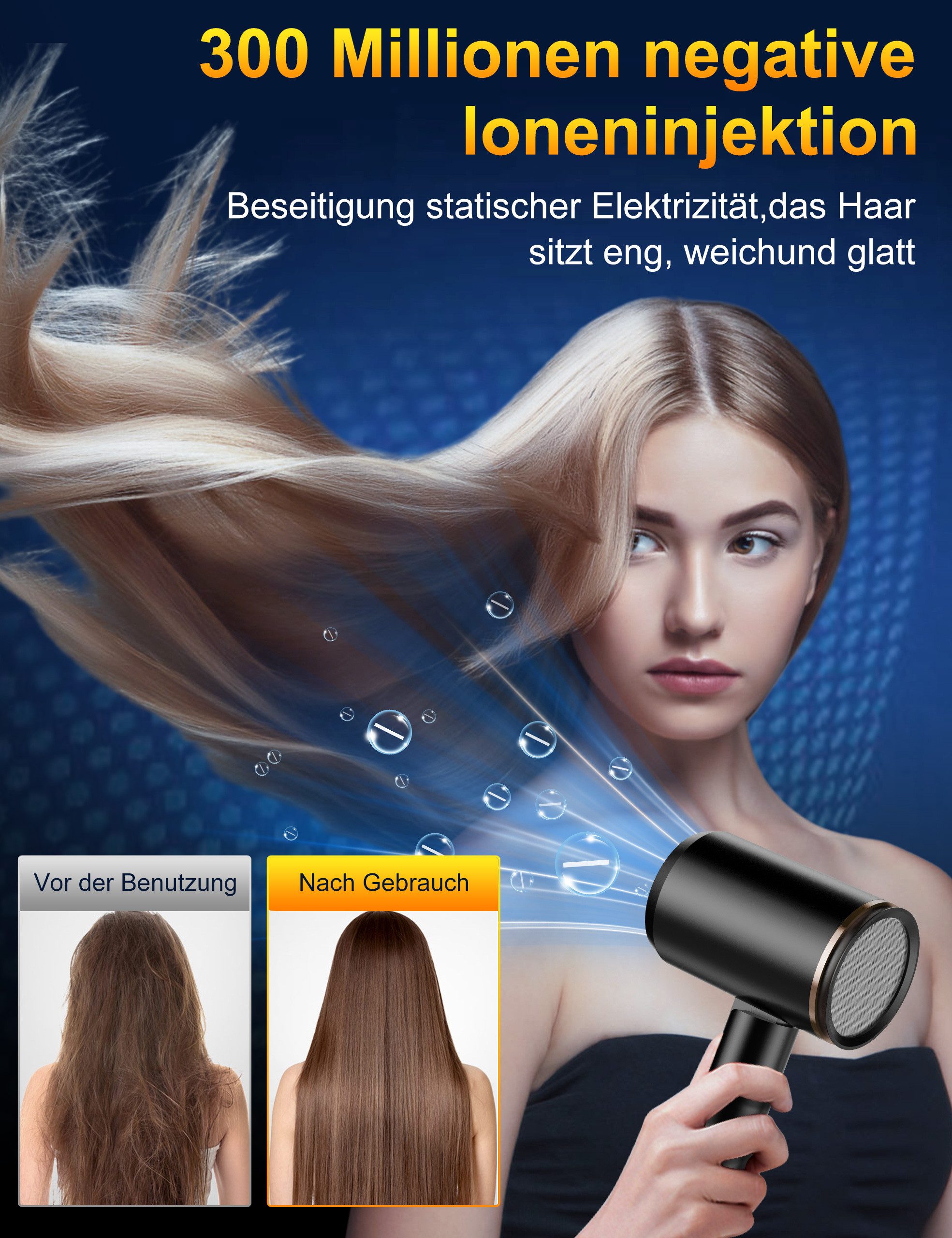 Fyrove Ionic-Haartrockner Föhn,Ionen-Haartrockner 2500W, klappbar, 3 Stylingdüsen, 2400 W, 2 Gebläsestufen, Reise-Föhn, Reiseföhn Hairdryer