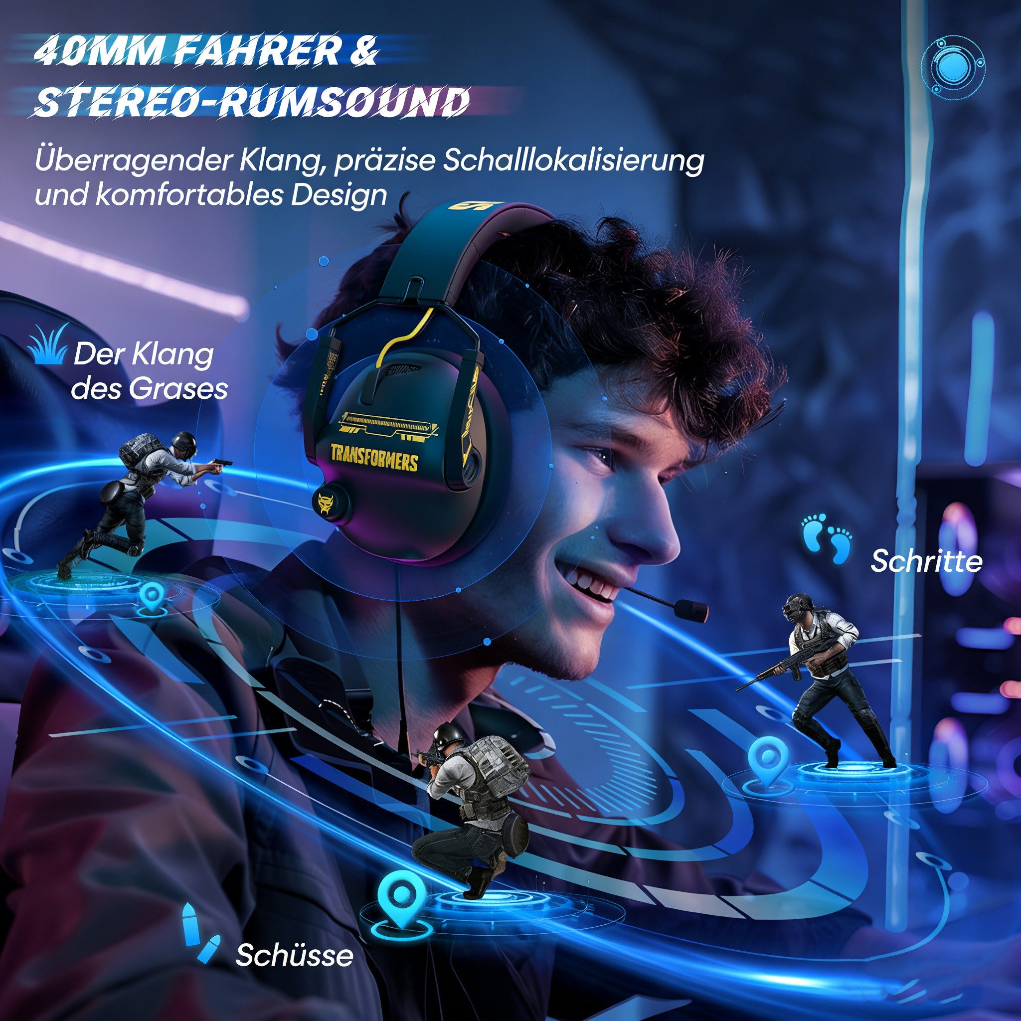 Rolipo Kabelloses Gaming-Headset mit Bluetooth,integrierte Mikrofone Over-Ear-Kopfhörer (Stereo-Raumklang, Bluetooth, für PC,PS4,PS5,Nintendo Switch/Switch 2 - Schwarz)