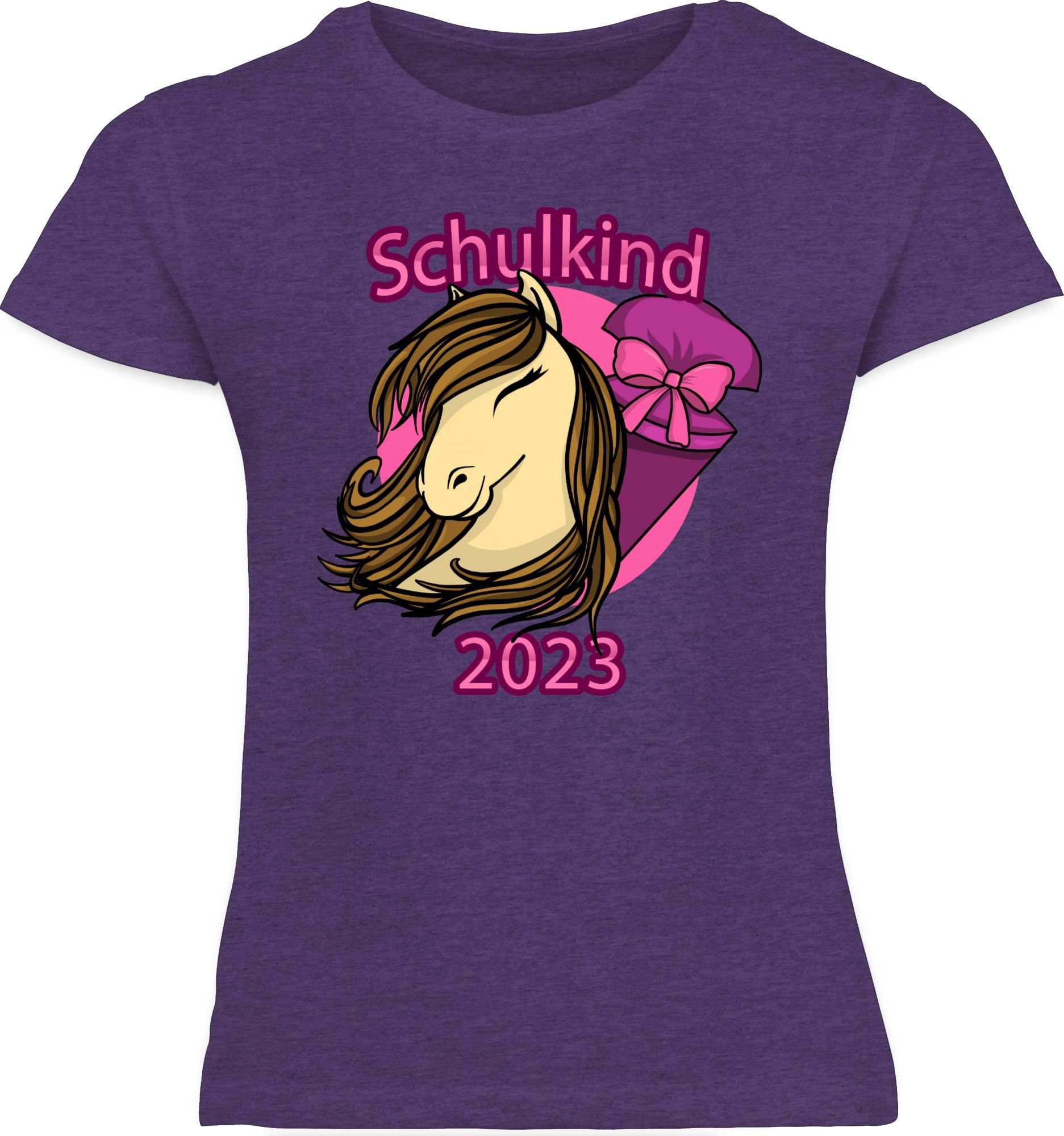 2023 T-Shirt Shirtracer Schultüte Meliert mit Lila Pferd 1 Einschulung Schulkind Mädchen