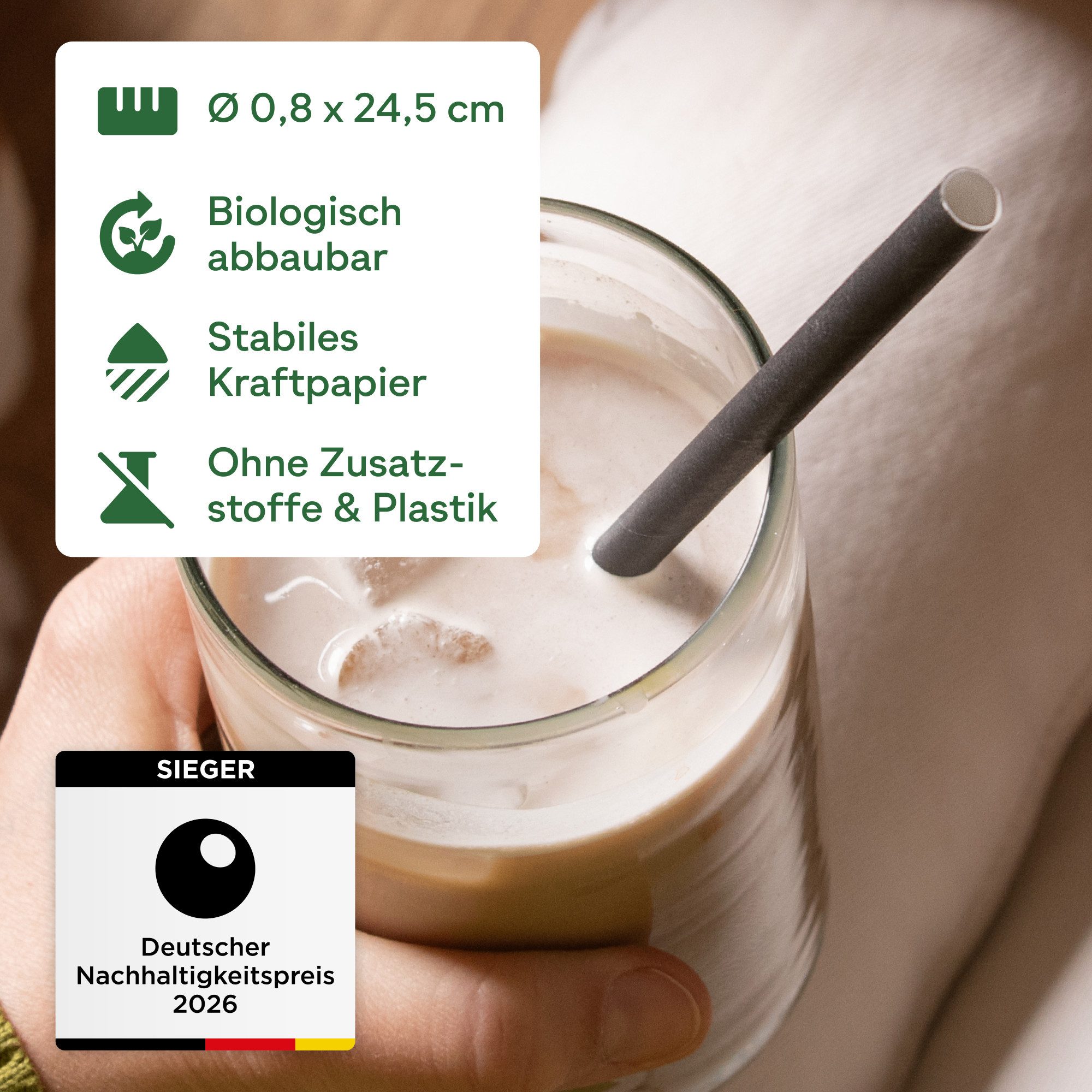 wisefood Trinkhalme Papier-Strohhalme, schwarz, Ø 0,8 x 24,5 cm, (500-tlg)