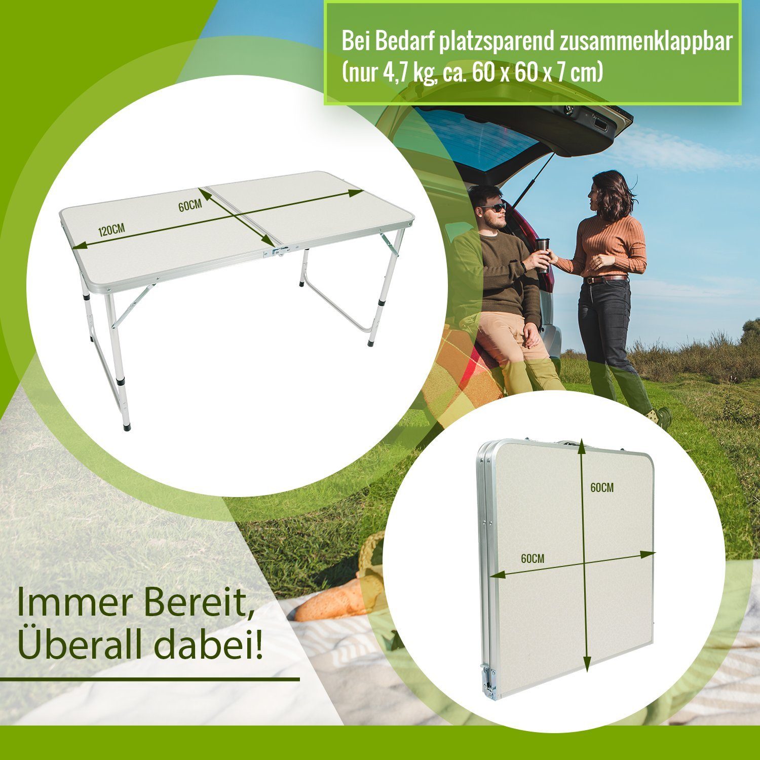 TroniTechnik Klapptisch Klapptisch Campingtisch, Klappbarer Mehrzwecktisch (in Weiß aus Aluminium, für Terrasse, höhenverstellbar bis 70cm), Wetterfest und trag für Garten, Camping, Balkon