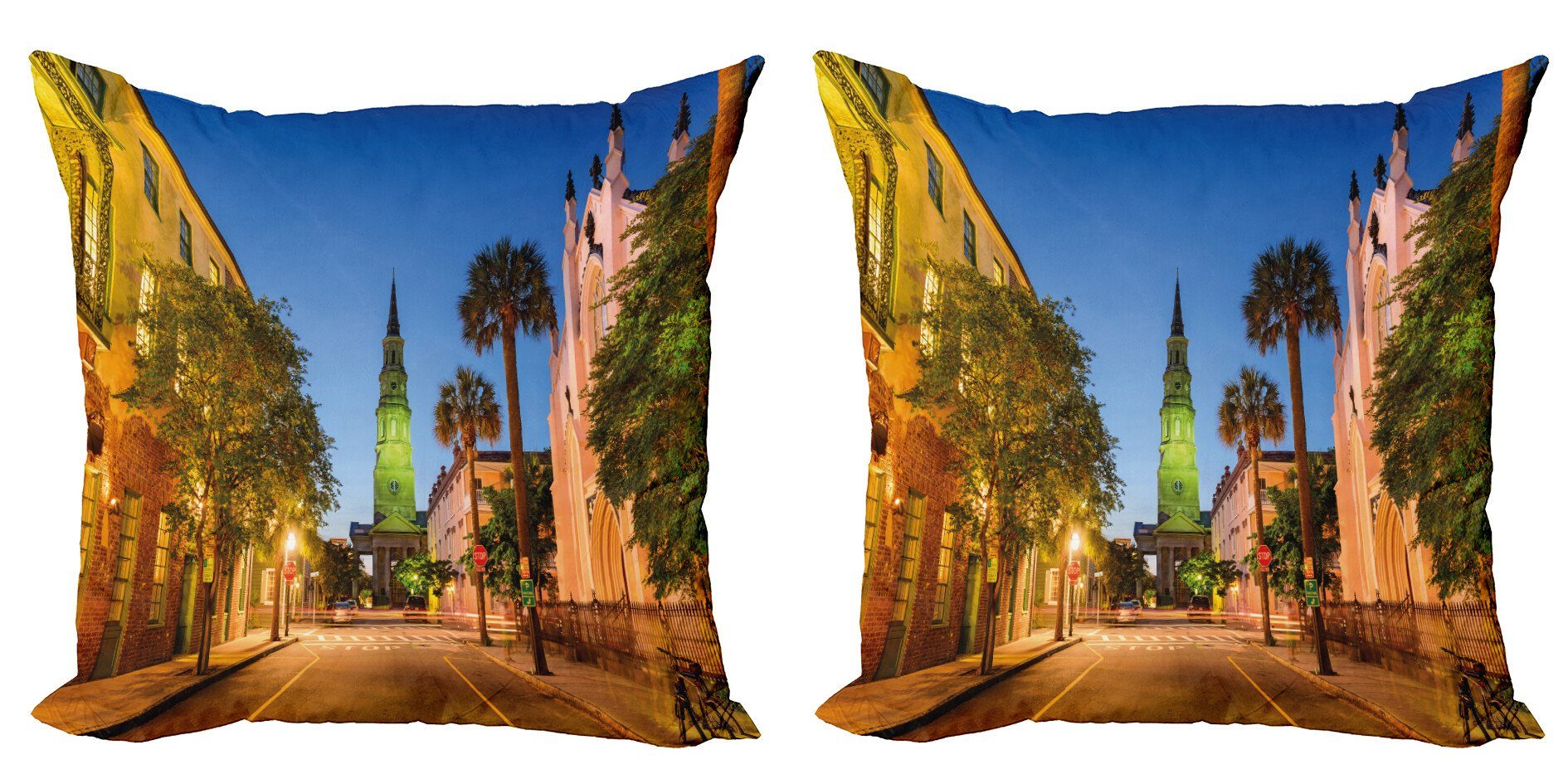 Kissenbezüge Modern Accent Doppelseitiger Digitaldruck, Abakuhaus (2 Stück), Charleston Straße bei Sonnenuntergang Szene