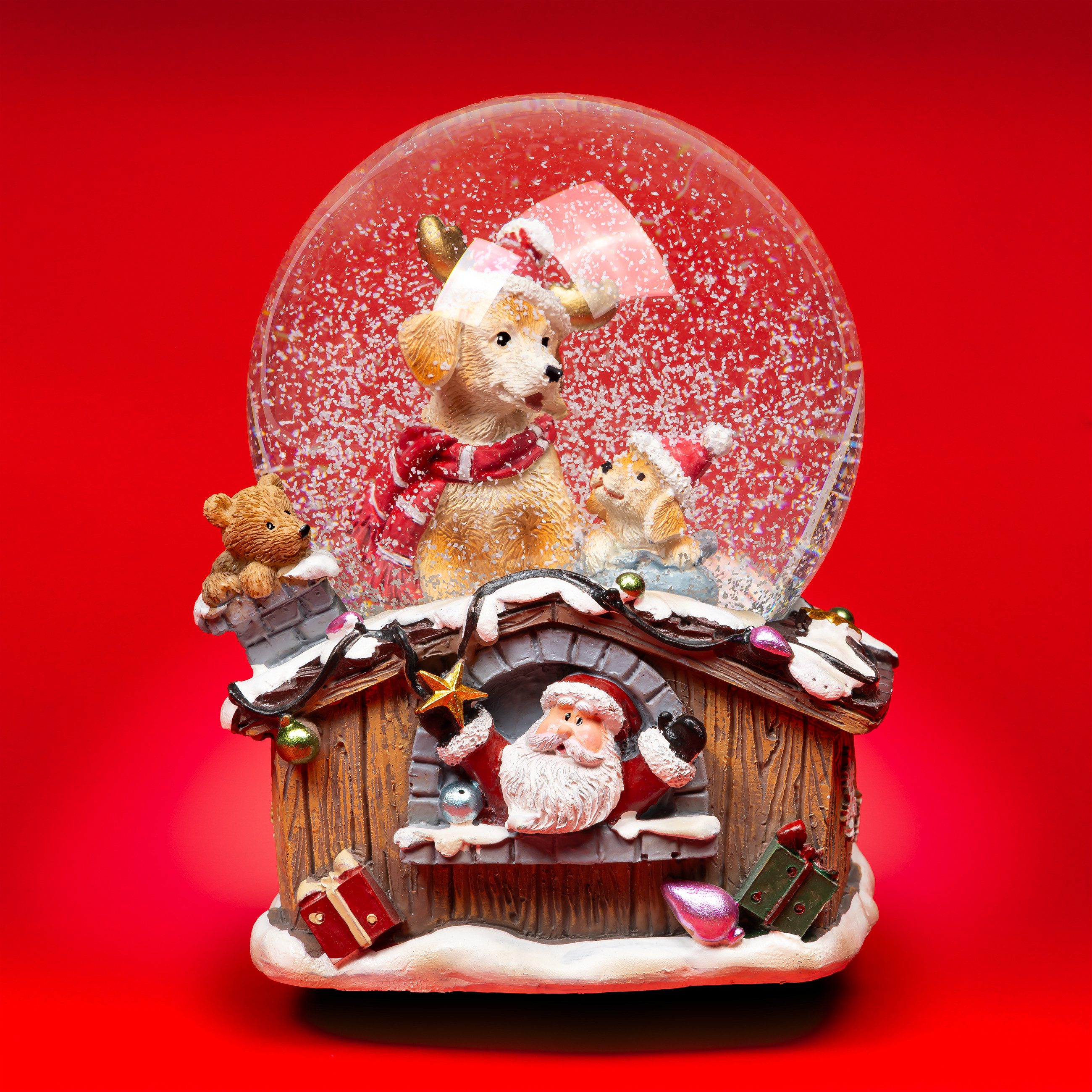 SIKORA Schneekugel SK20 Zwei Hunde mit Weihnachtsmützen und Schal mit Spieldose D:10cm