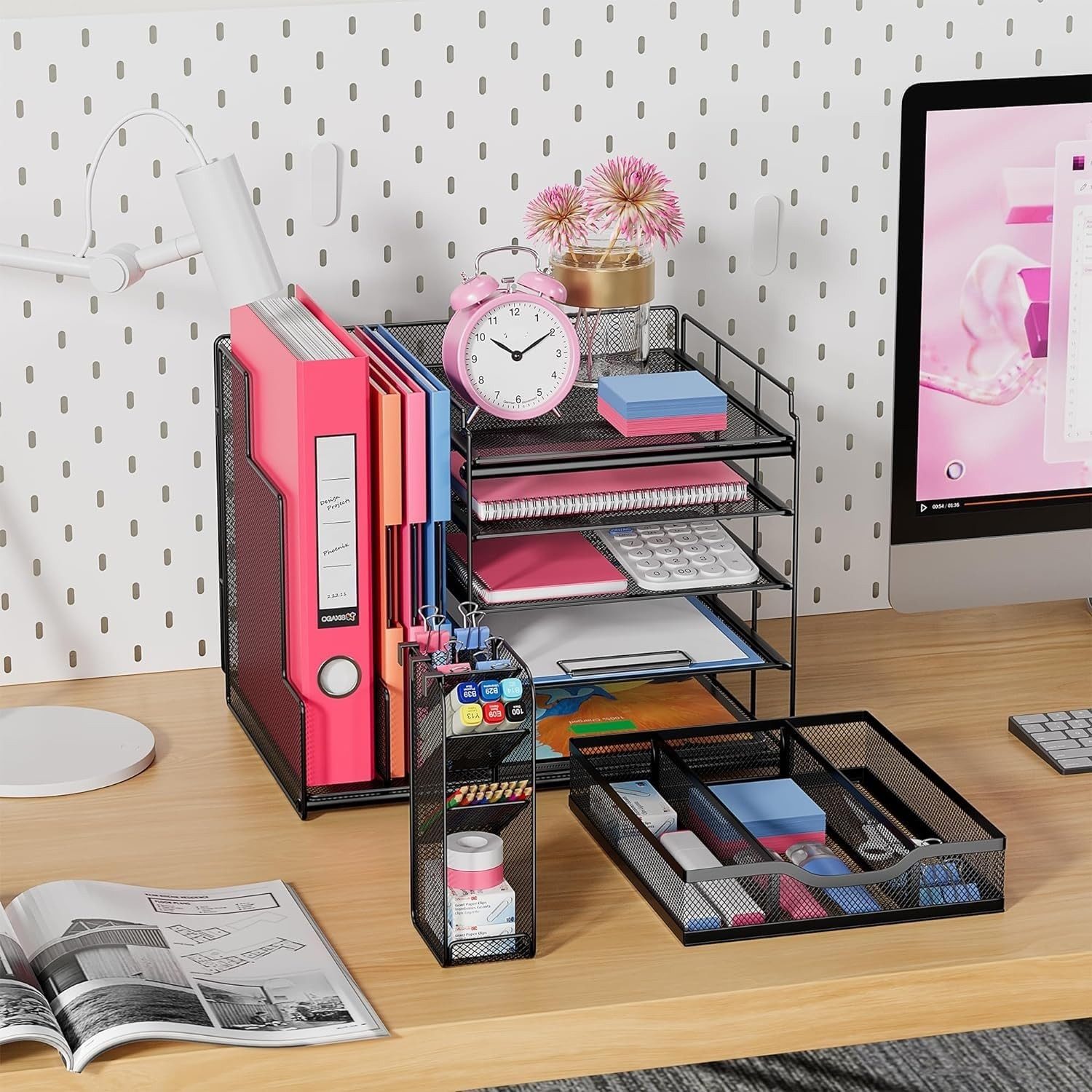 SURFOU Organizer Schreibtisch Organizer ZubehörStiftehalter Bürobedarf Briefablage (Büro organizer, Büro Gadgets, Stehsammler Dokumentenablage, Briefablage, Schreibtisch Organizer mit Aktenhalter, 5 Tier Briefablage Ablagefächer mit Schublade,1 Stifthalter, Netz Schreibtisch Ablage, 1 St., Zeitschriftenhalter für Büro Bedarf Dokumentenablage(Schwarz), Platzsparend und einfach zu installieren