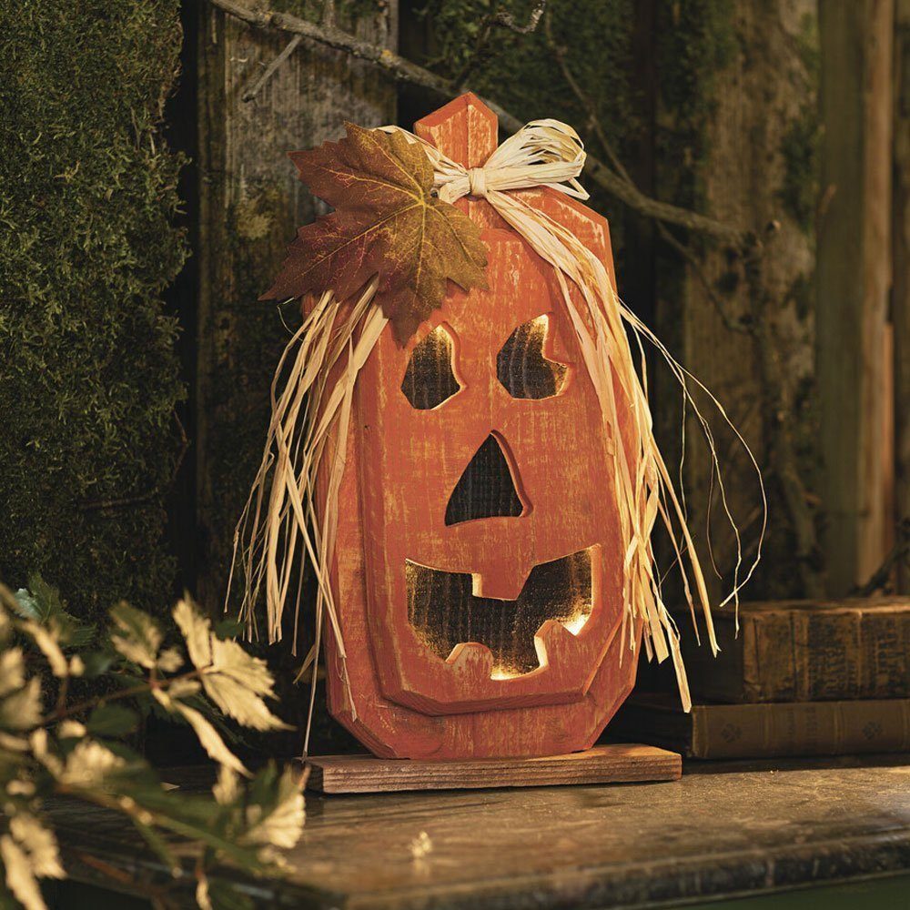 Home-trends24.de LED Dekofigur Kürbis LED-Deko Holz Halloween Pumkin Figur Orange 33 cm