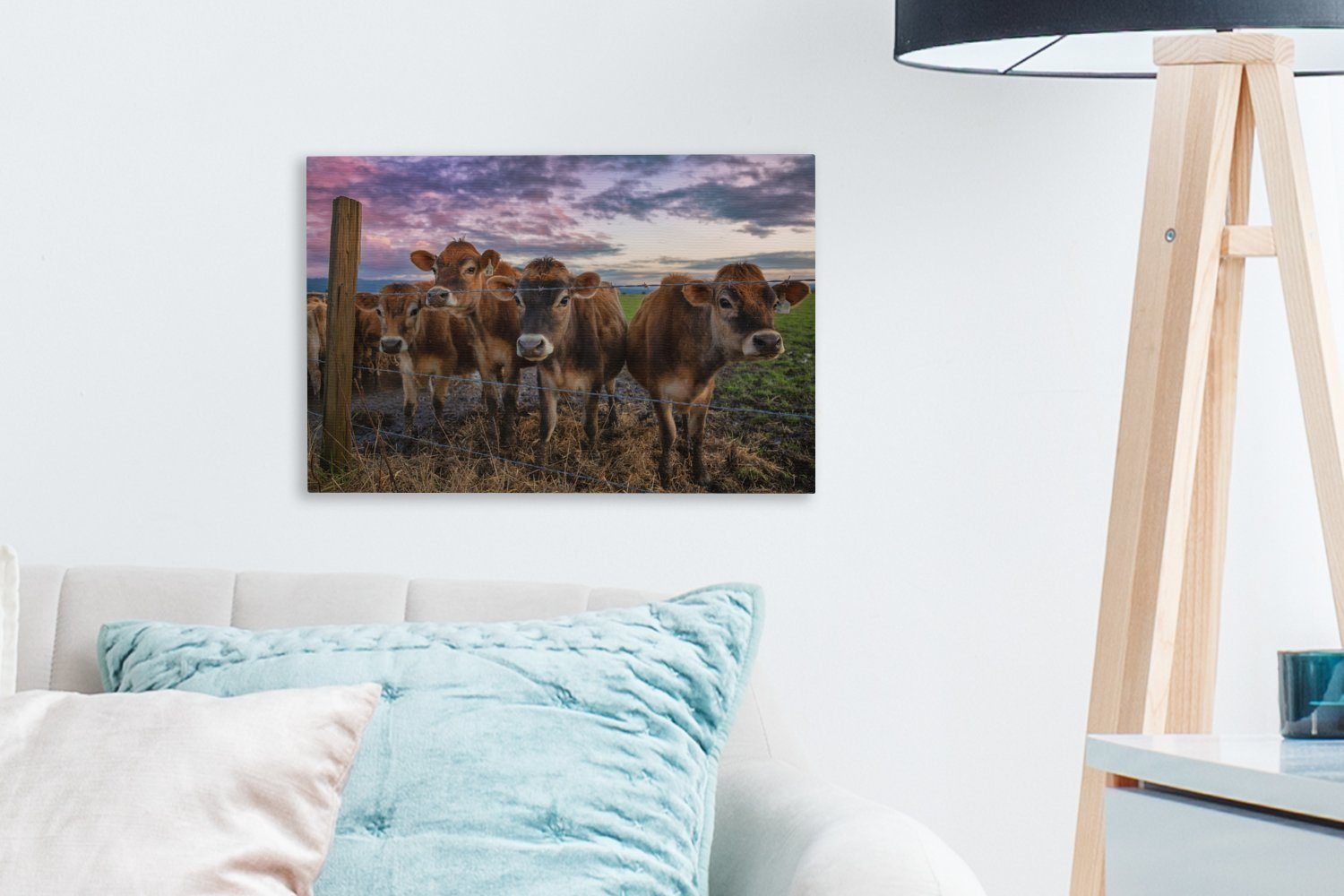OneMillionCanvasses® Leinwandbild Kuh - Zaun Leinwandbilder, Wandbild Himmel, (1 30x20 Wanddeko, - Aufhängefertig, cm St)