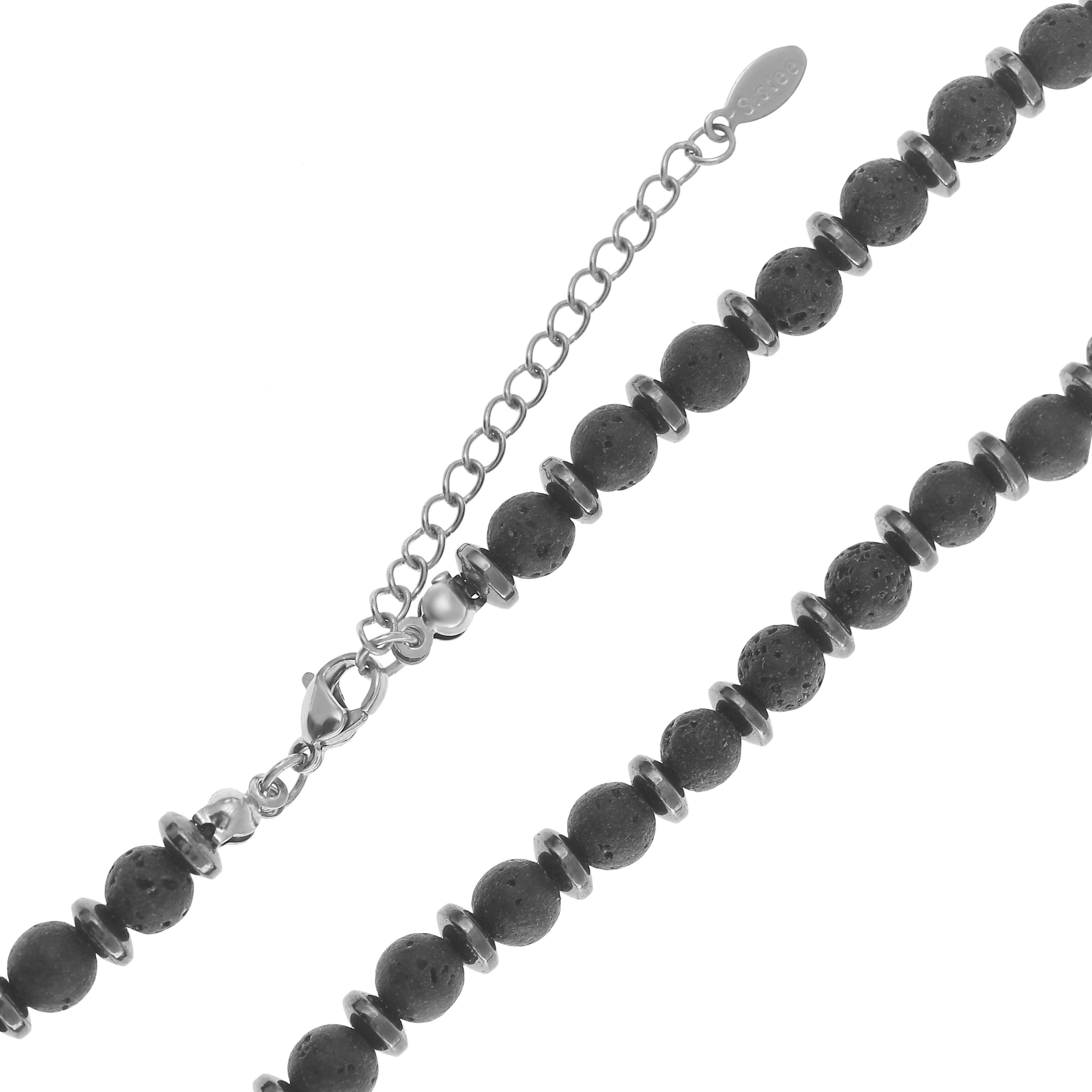 Made by Nami Perlenkette Herren Halskette mit Lavasteinperlen schwarz verstellbar hypoallergen, aus Lavastein – hypoallergen – mit Verlängerung – Surfer-Stil