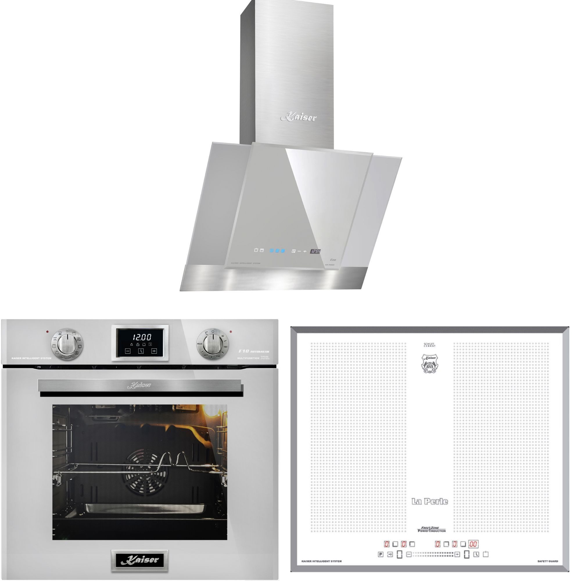 Kaiser Küchengeräte Backofen-Set Herd Set Autark Elektro Backofen, 79L, 10 Funktionen+Induktionskochfeld 60 cm Weißglas Flex Zonen EH 6326 W+KCT 67 FIW+AT 6438 FW, mit 1-fach-Teleskopauszug, Katalytische Selbstreinigung, Elektro Backofen 60 cm+Induktionskochfeld 60 cm+Dunstabzugshaube 60 cm