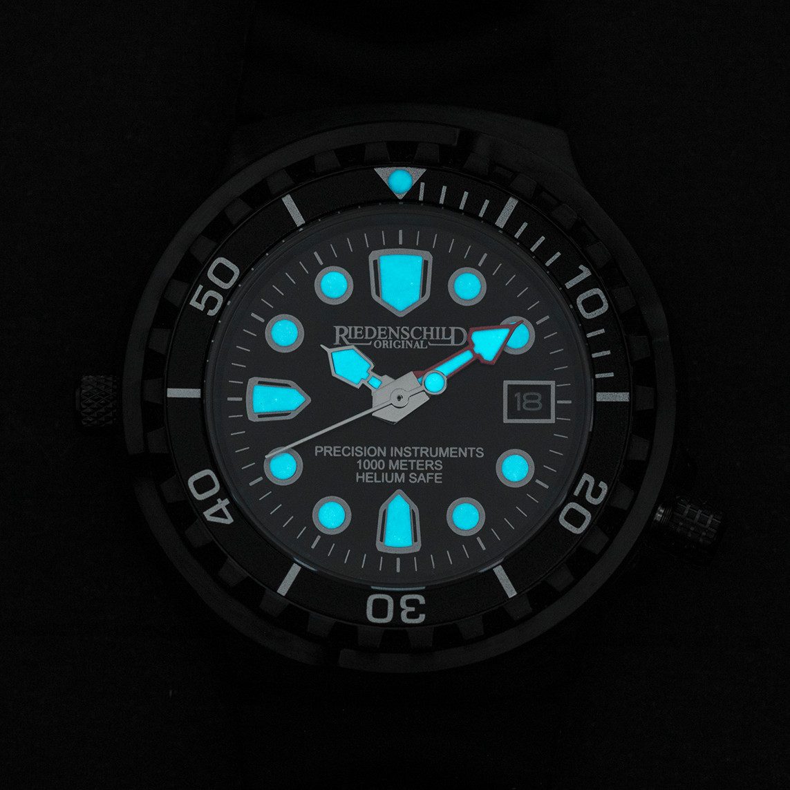 Riedenschild Taucheruhr RS9000-12, 100 ATM Wasserdicht, 46 mm, Schwarzes Silikonband, Saphirglas, Profi-Taucheruhr, Robuste Armbanduhr für Herren