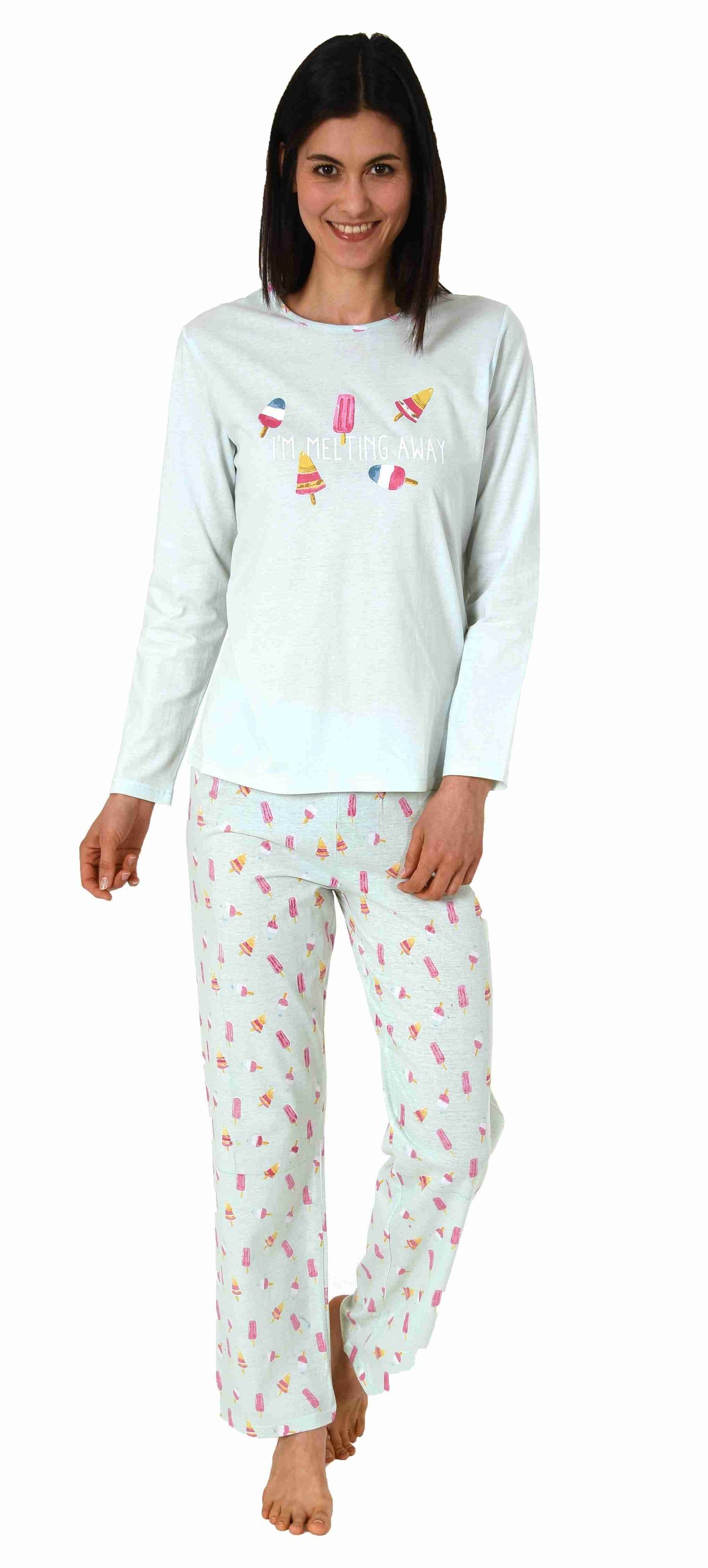 Pyjama Damen Schlafanzug lang mit süssen Motiv, Pyjamahose allover bedruckt