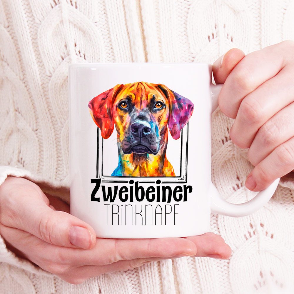 Cadouri Tasse ZWEIBEINER TRINKNAPF mit Ridgeback - Kaffeetasse für Hundefreunde, Keramik, mit Hunderasse, beidseitig bedruckt, handgefertigt, Geschenk, 330 ml