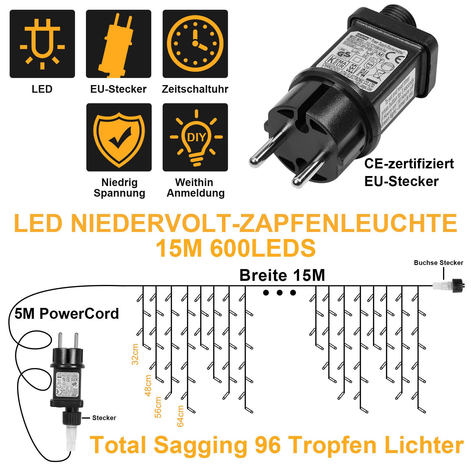 Rosnek Lichtervorhang 31V, 5-15M, 8 Modi, Timer, für Weihnachten Dach Fenster, 600-flammig, Eiszapfen, Speicherfunktion, für Hochzeit Haus Dekorationen