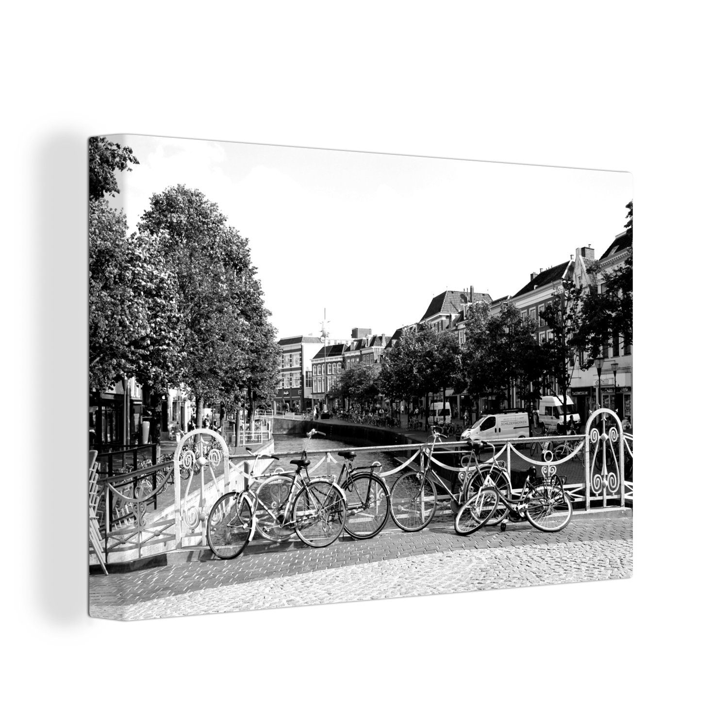 Wanddeko, Leeuwarden schwarz-weiß, (1 in Radfahren cm auf Brücke 30x20 OneMillionCanvasses® St), Wandbild Leinwandbilder, Leinwandbild Aufhängefertig, - einer
