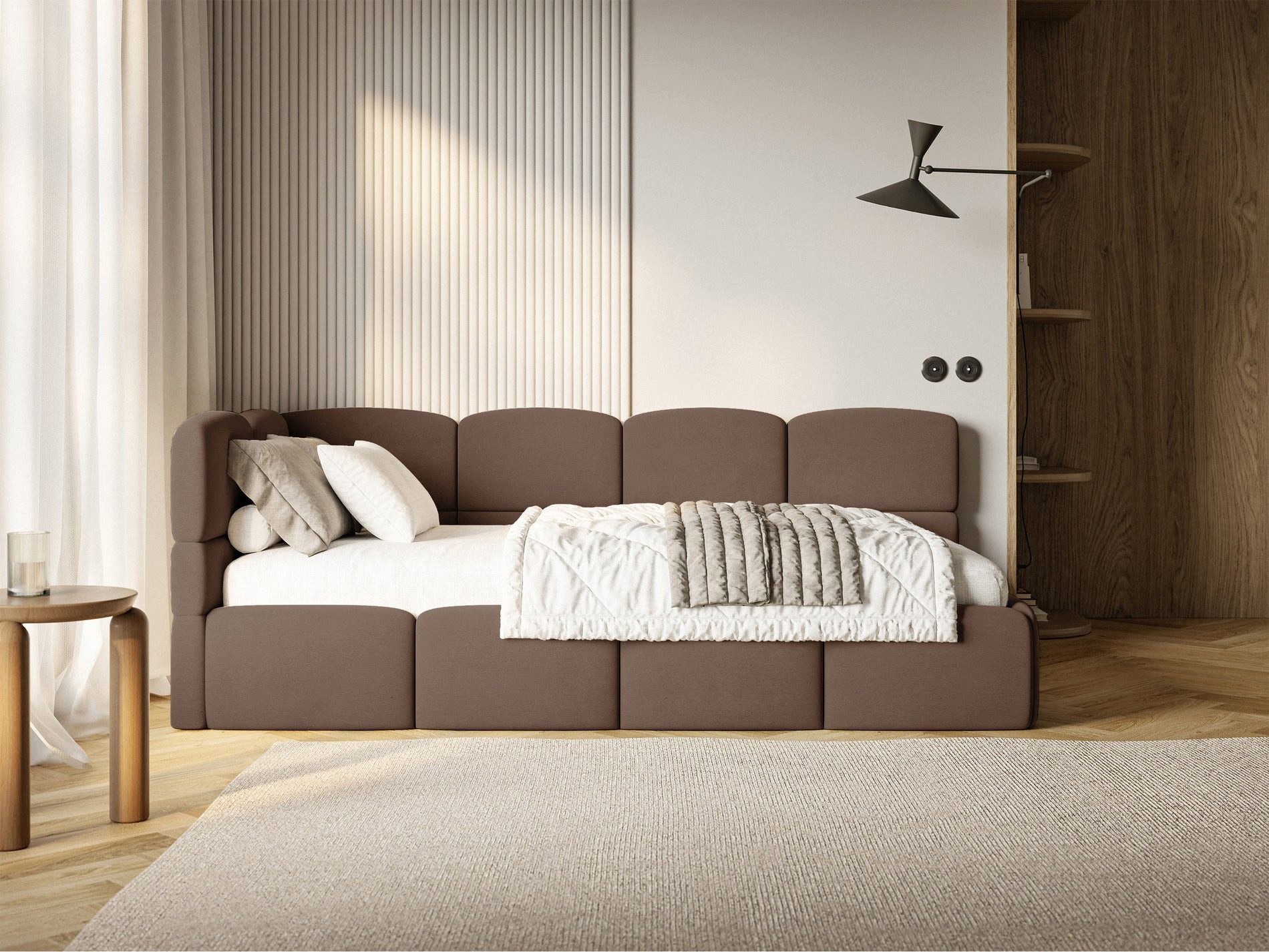 Selsey Jugendbett CLOUDY, mit Eck-Kopfteil, Lattenrost, Bettkasten und Easy-Clean-Samt, 120 cm