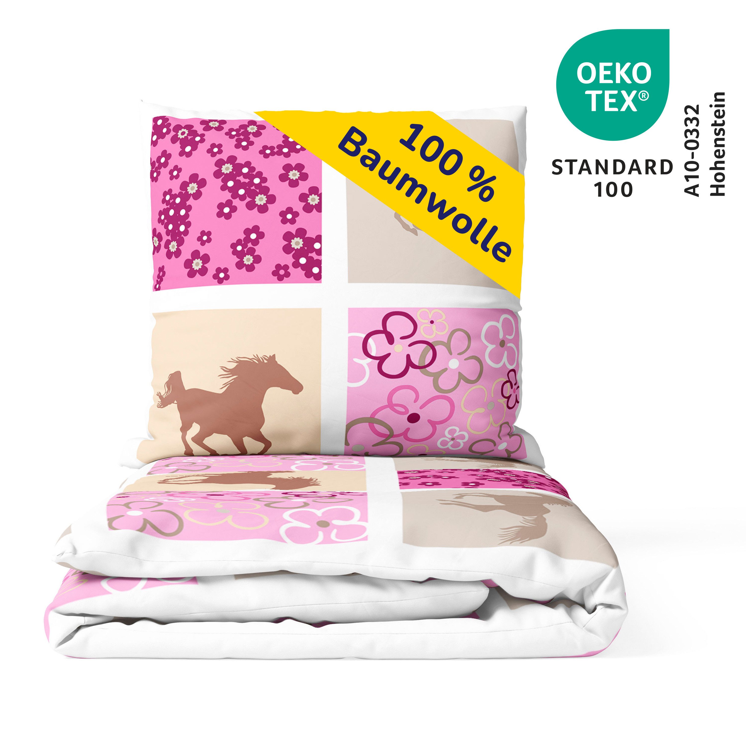 Träumschön Bettwäsche Premium Set aus Baumwolle 135x200 cm, Kinderbettwäsche Karo Pferd rosa, Baumwolle, 2 teilig, mit Reißverschluss, luftig und leichte Sommerbettwäsche für Kinder