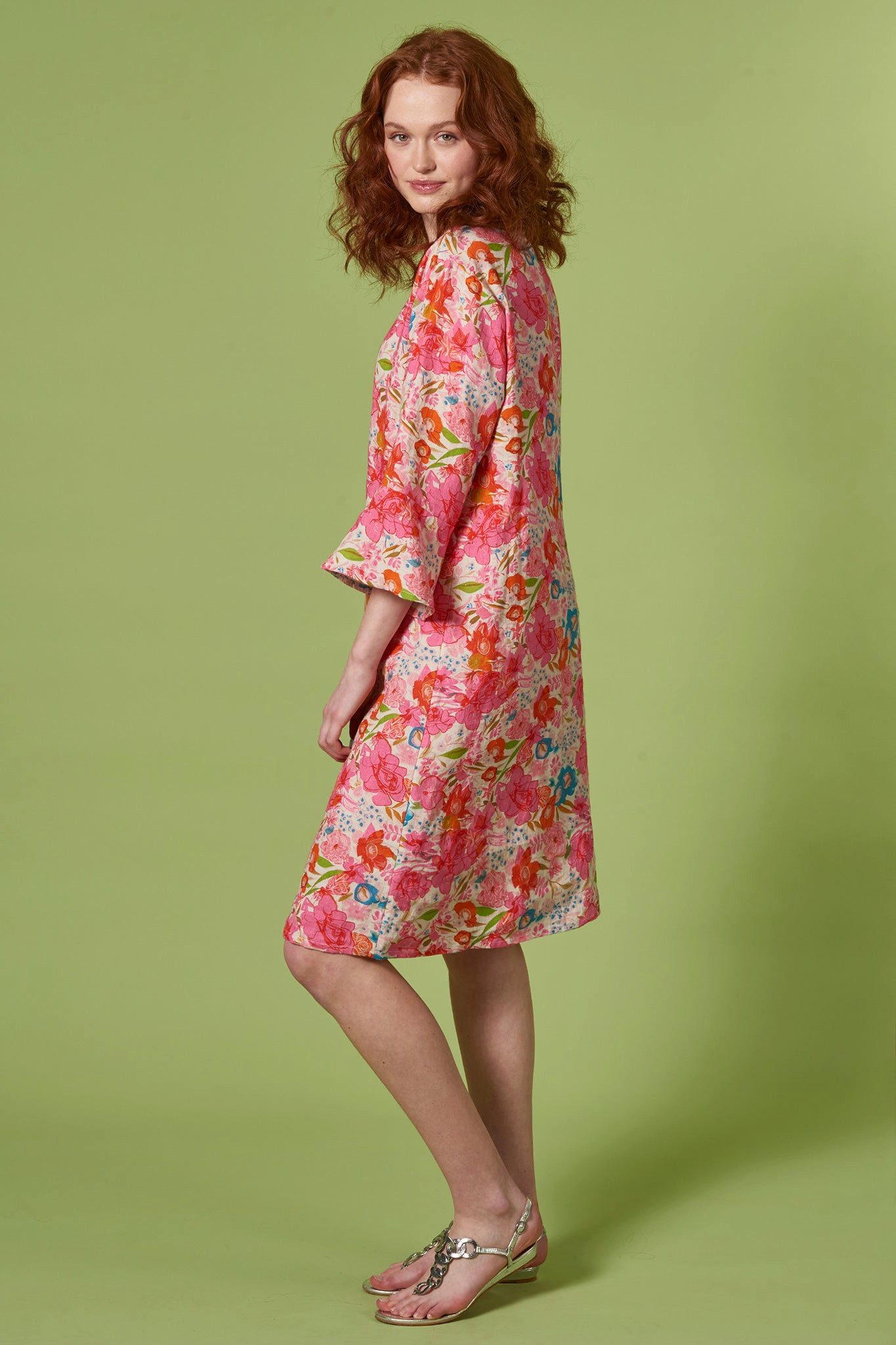 Himalaya Clothing Tunikakleid Kleid Damen aus Leinen mit verspieltem Rosenmuster - Blumenkleid Leichtes Sommerkleid mit Rundhalsausschnitt