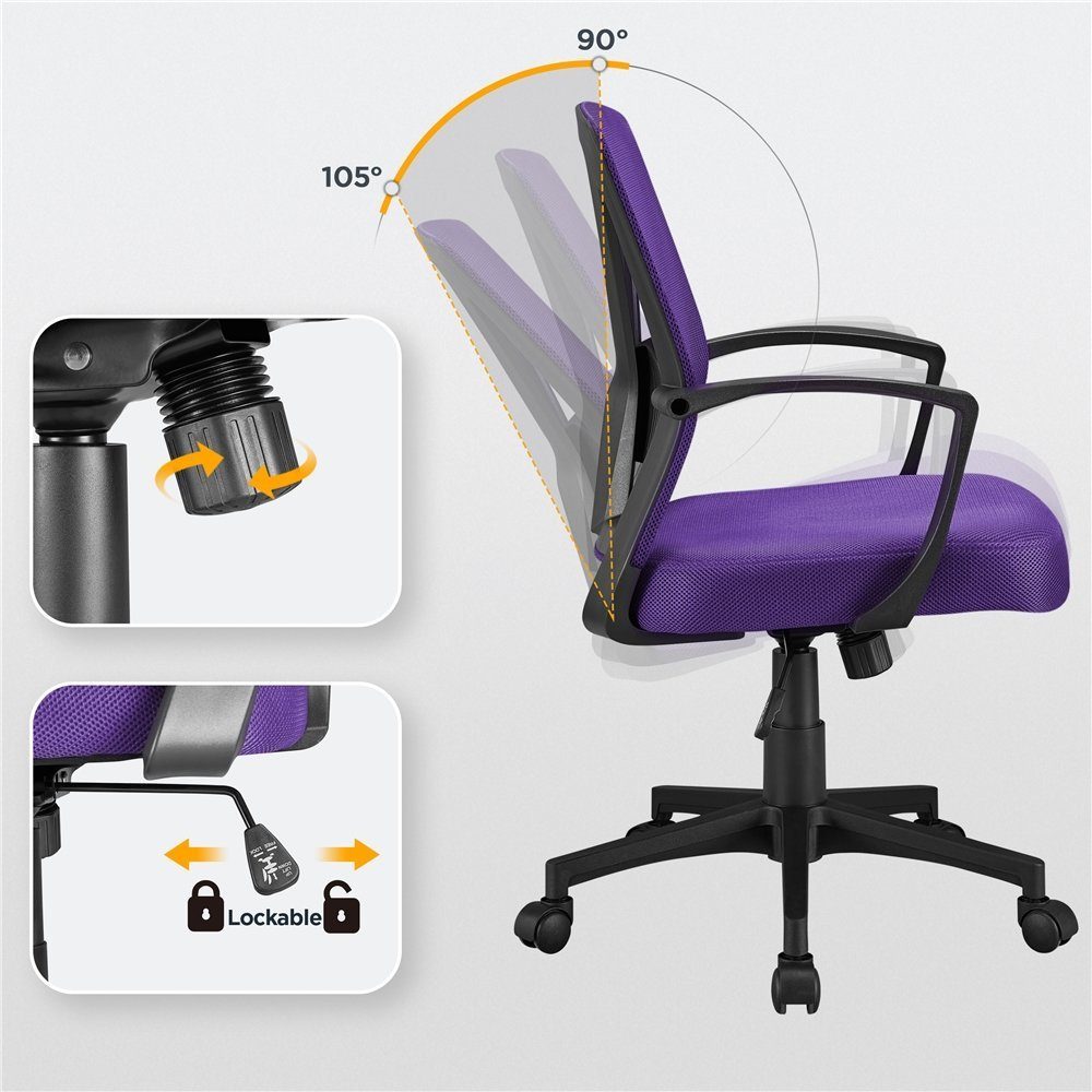 Schreibtischstuhl, Bürostuhl Wippfunktion lila mit Yaheetech höhenverstellbar