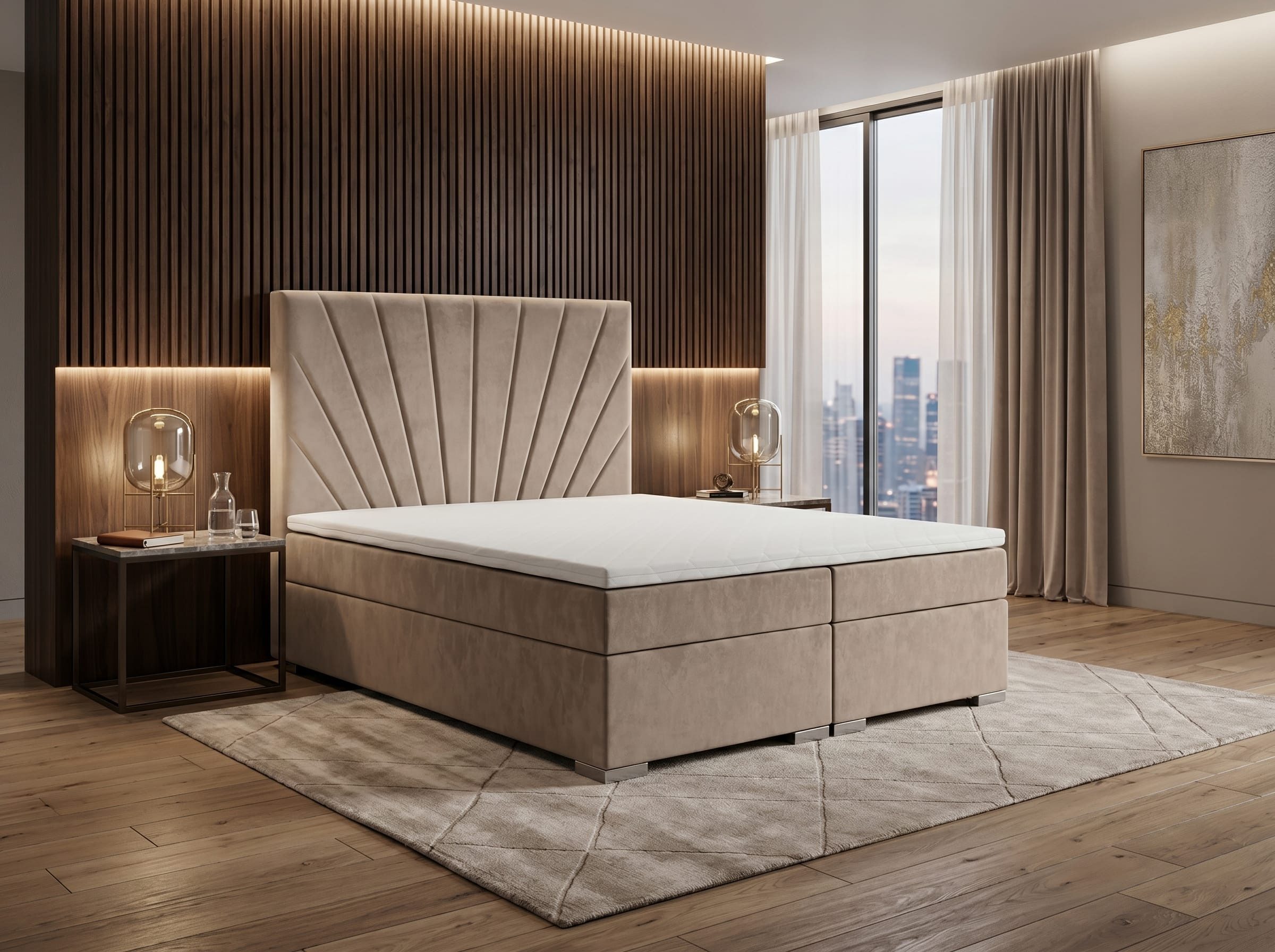 JVmoebel Boxspringbett Modernes beiges Bett 140x200 Weiches Luxusbett Schlafzimmermöbel, Made in Europa