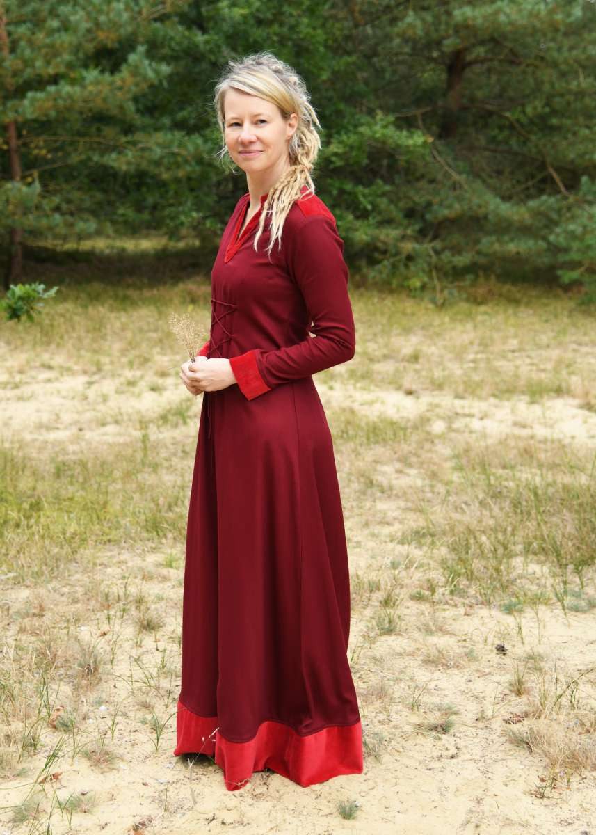 Battle Merchant Burgfräulein-Kostüm Mittelalterliches Kleid mit Samt-Details weinrot "Meira" L