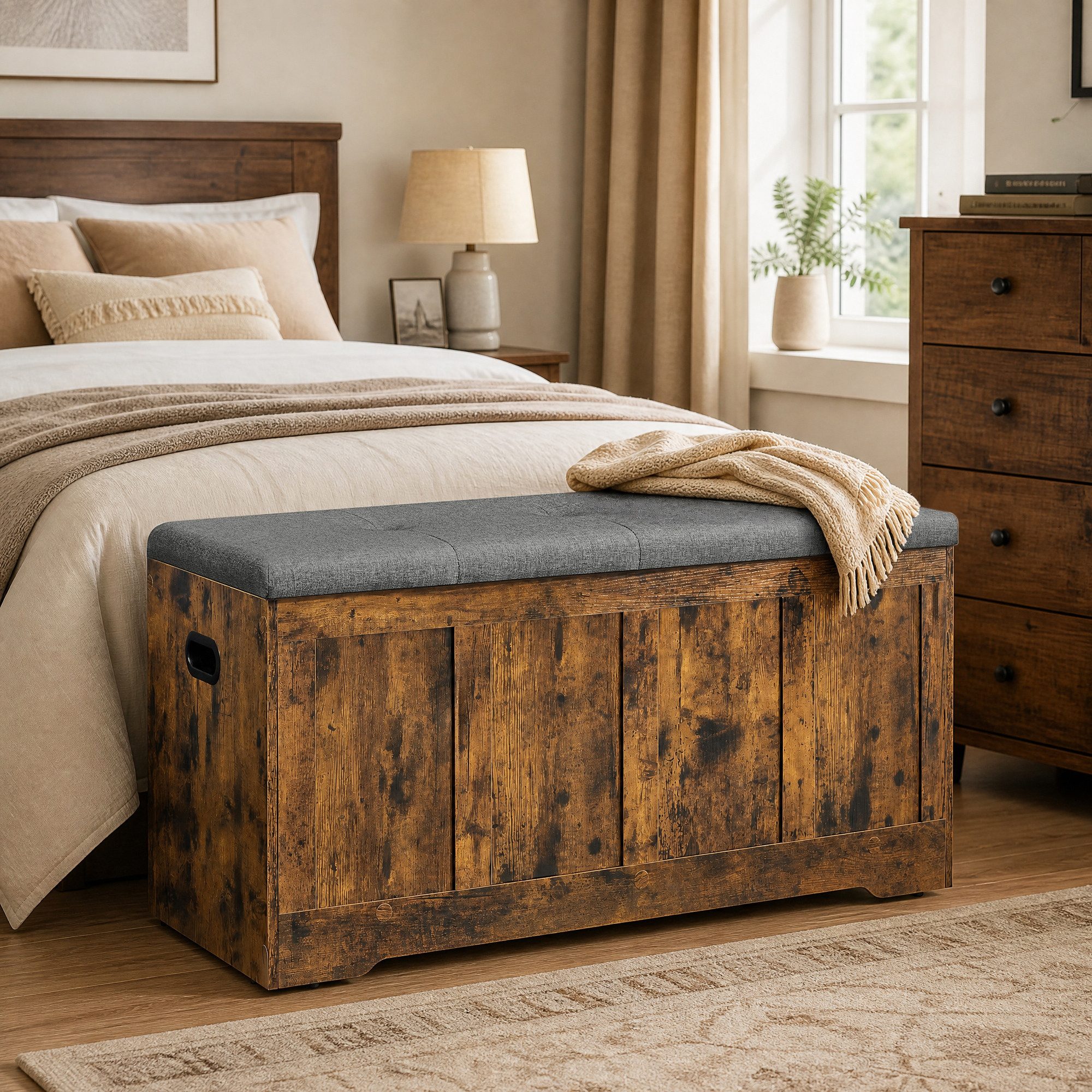 VASAGLE Schuhbank Truhe Schuhbank mit Stauraum, 41 x 101 x 49 cm, für Flur, Schlafzimmer, mit Deckel, Landhausstil – Bild 3 von 5