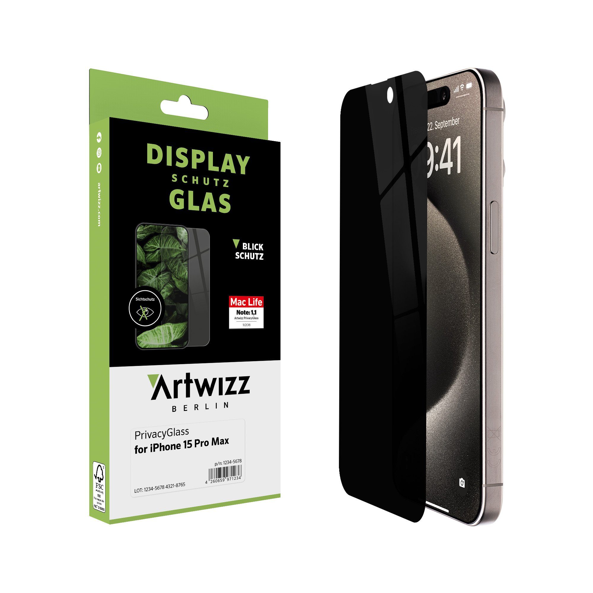 Artwizz PrivacyGlass, Displayschutz mit Blickschutz aus 100% Sicherheitsglas für iPhone 15 Pro Max, Displayschutzglas, Hartglas