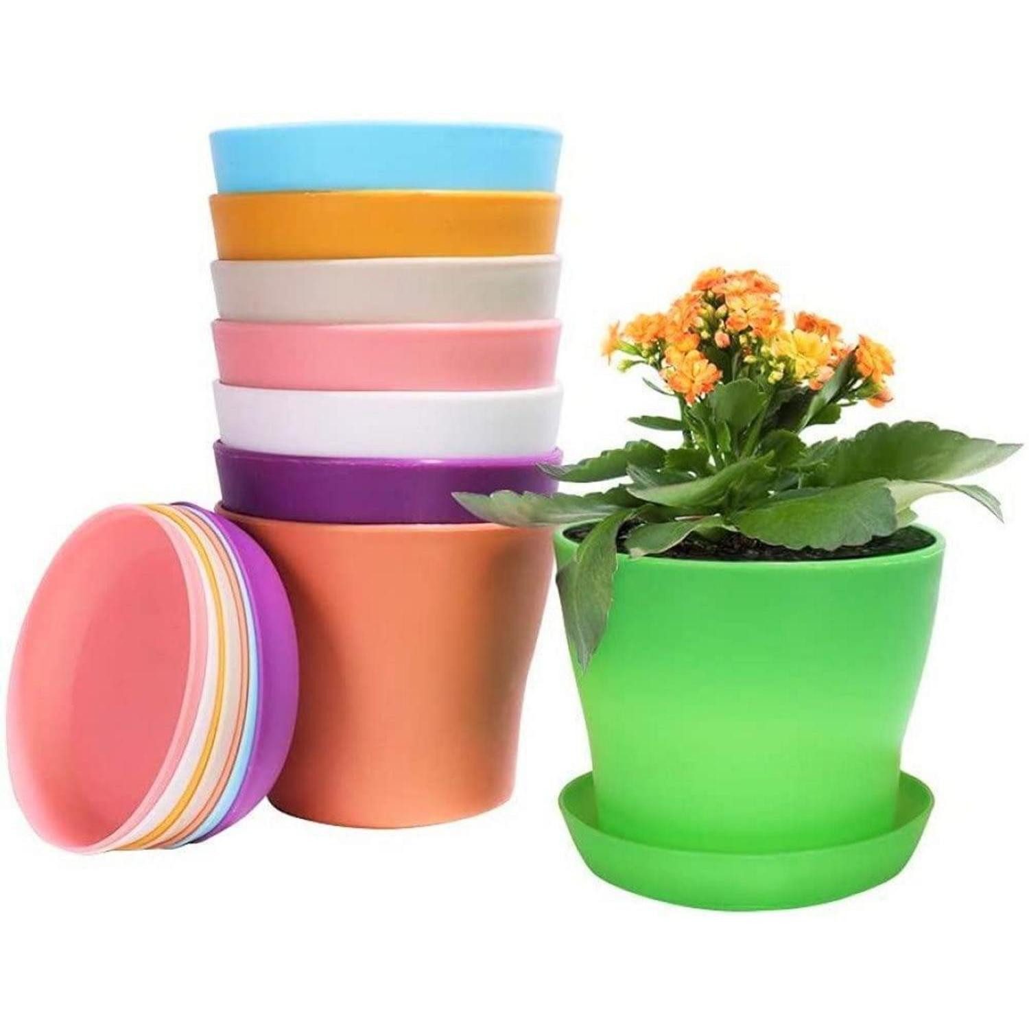 LuxusKollektion Blumentopf Blumentöpfe Kunststoff 8er Set 14 cm bunt mit Unterse