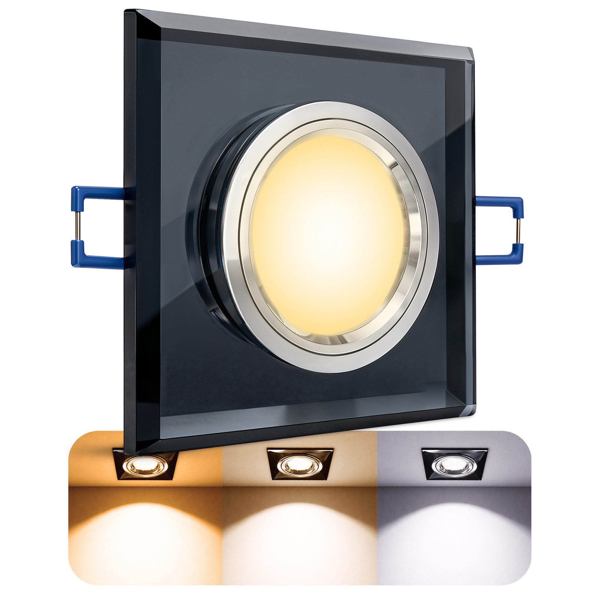 SSC-LUXon LED Einbaustrahler ALINA Einbauleuchte Glas schwarz 5W GU10 drei Lichtfarben Deckenspot, Warmweiß