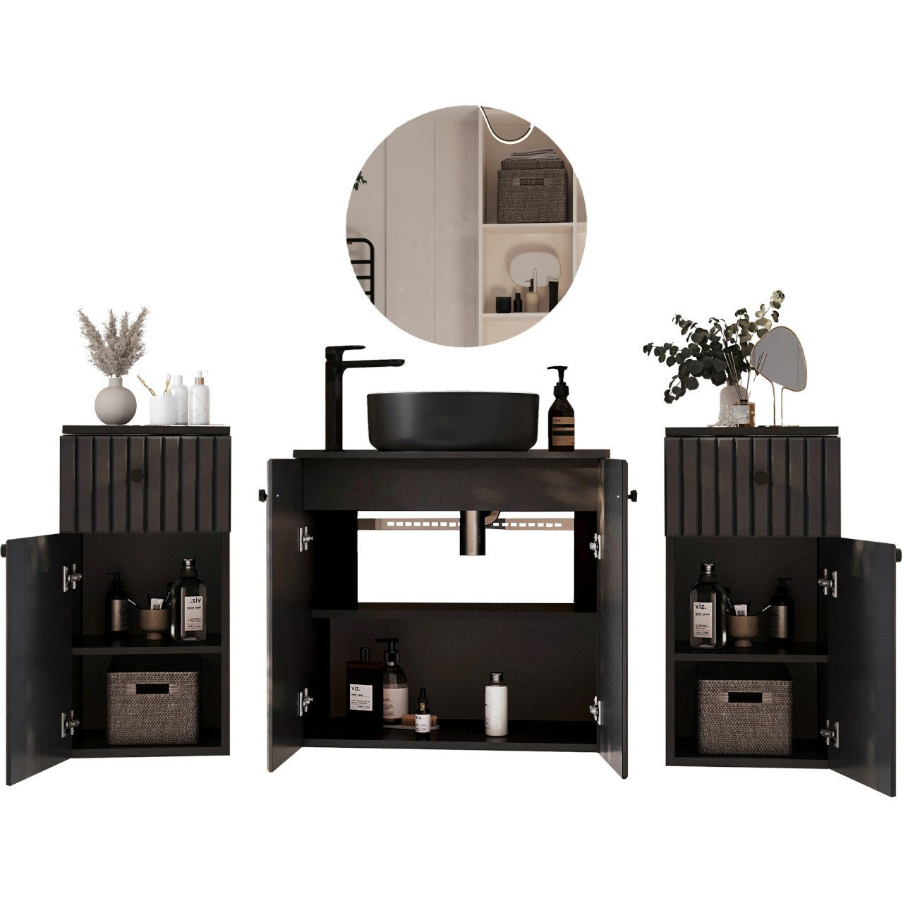 MOEBLINE Badezimmer-Set Badmöbel Set ASTRO MAX schwarz LAMELLEN