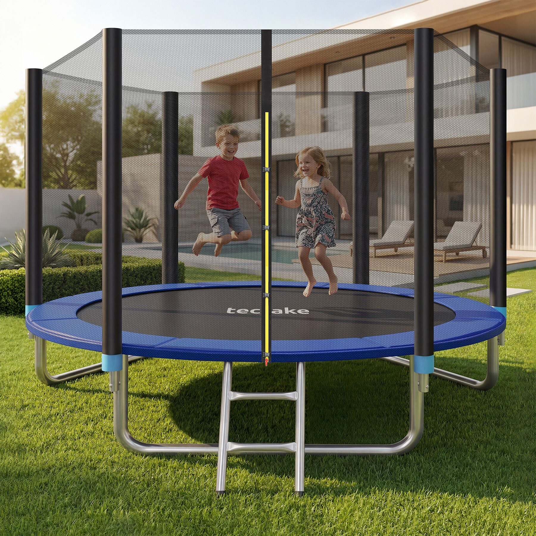 tectake Gartentrampolin Kindertrampolin mit Einstiegsleiter und Sicherheitsnetz Ø 305 cm, (Outdoortrampolin Garfunky, in schwarz/blau), GS zertifiziert, Randabdeckung, reißfestes Sprungtuch