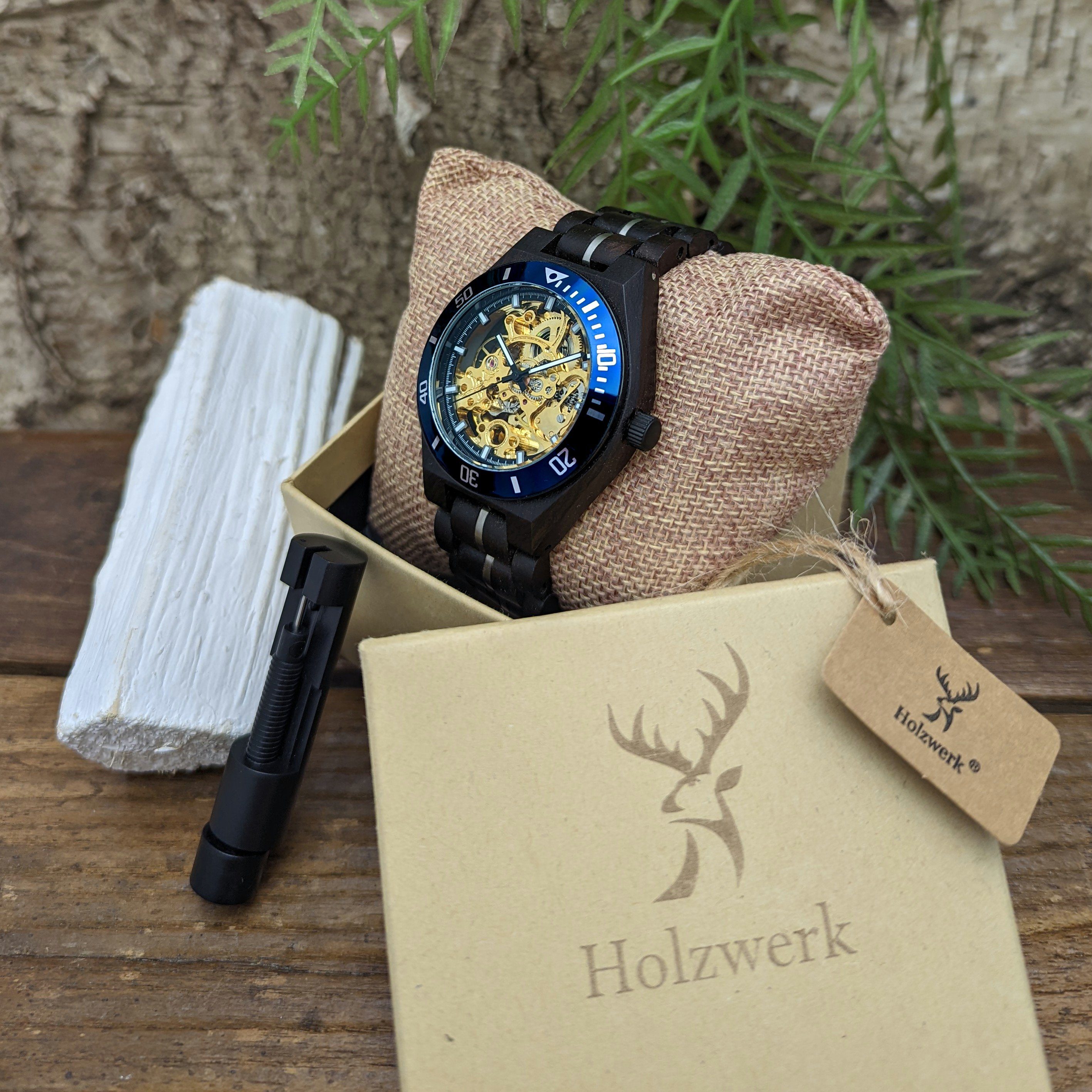 Armband Edelstahl Herren schwarz, blau gold, Uhr in DELITZSCH Automatikuhr & Holzwerk Holz