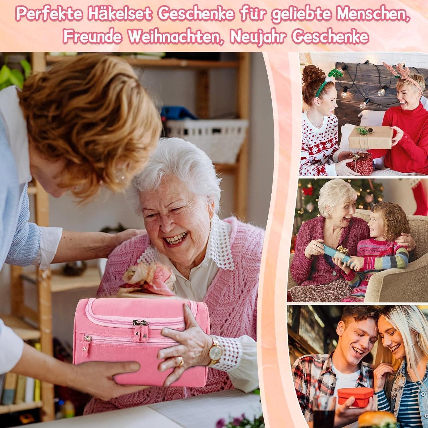 LuxusKollektion Häkelnadeln Häkelset Anfänger Häkelnadelset 15 Wolle Tasche Zubehör Rosa