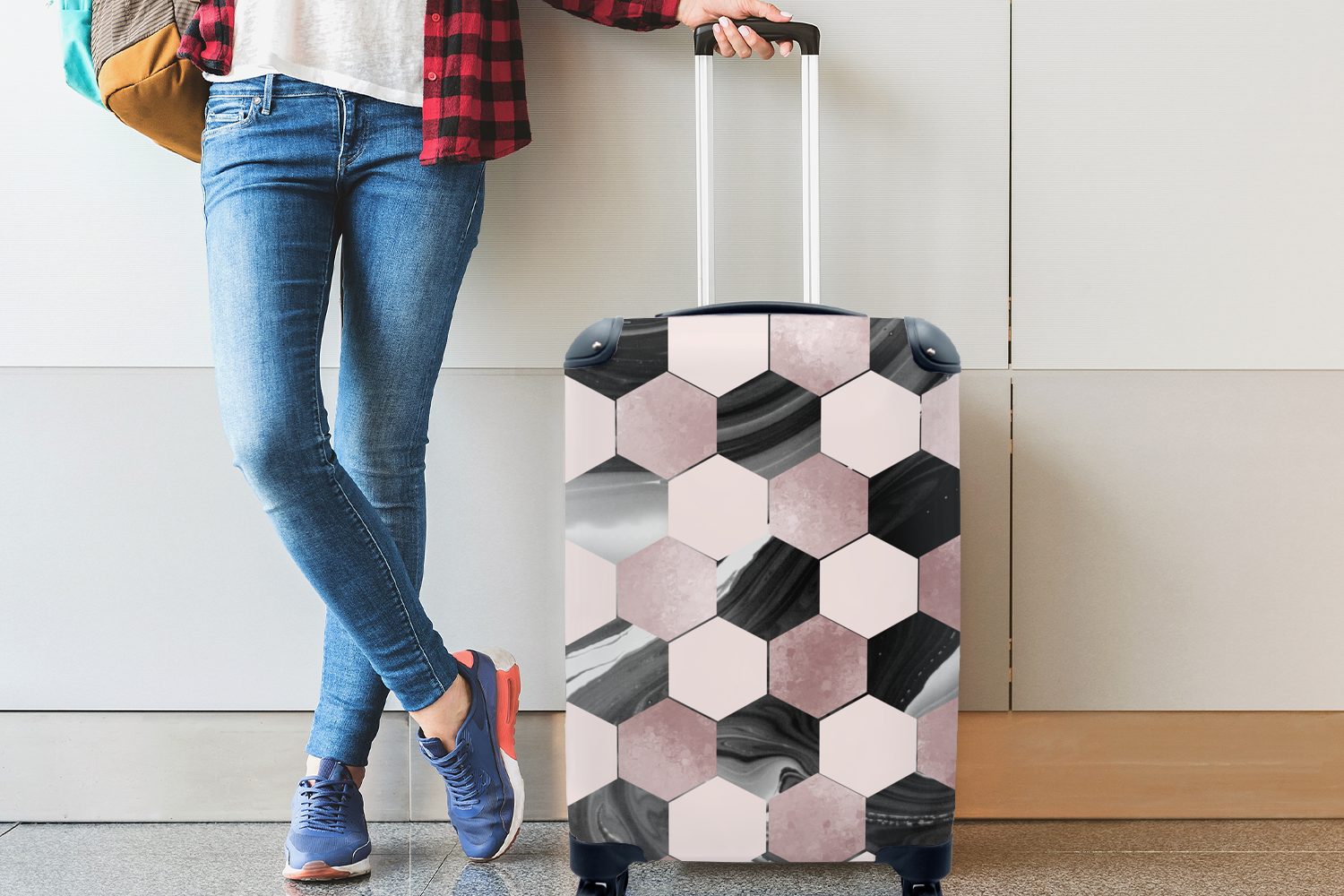 Ferien, für mit Handgepäckkoffer MuchoWow Trolley, Schwarz Reisetasche Reisekoffer - Rosa, - Handgepäck Marmor Rollen, 4 rollen,