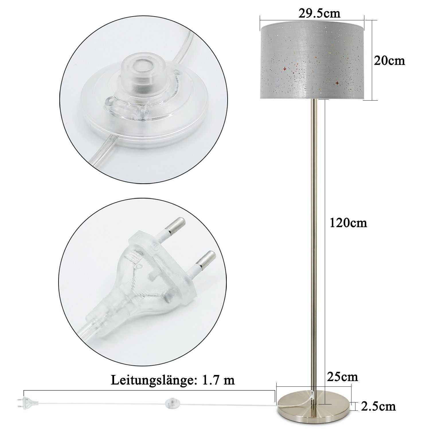 Stehlampe Sternenhimmel LED Fußschalter Grau E27 Stoff-Schirm, Nettlife wechselbar,