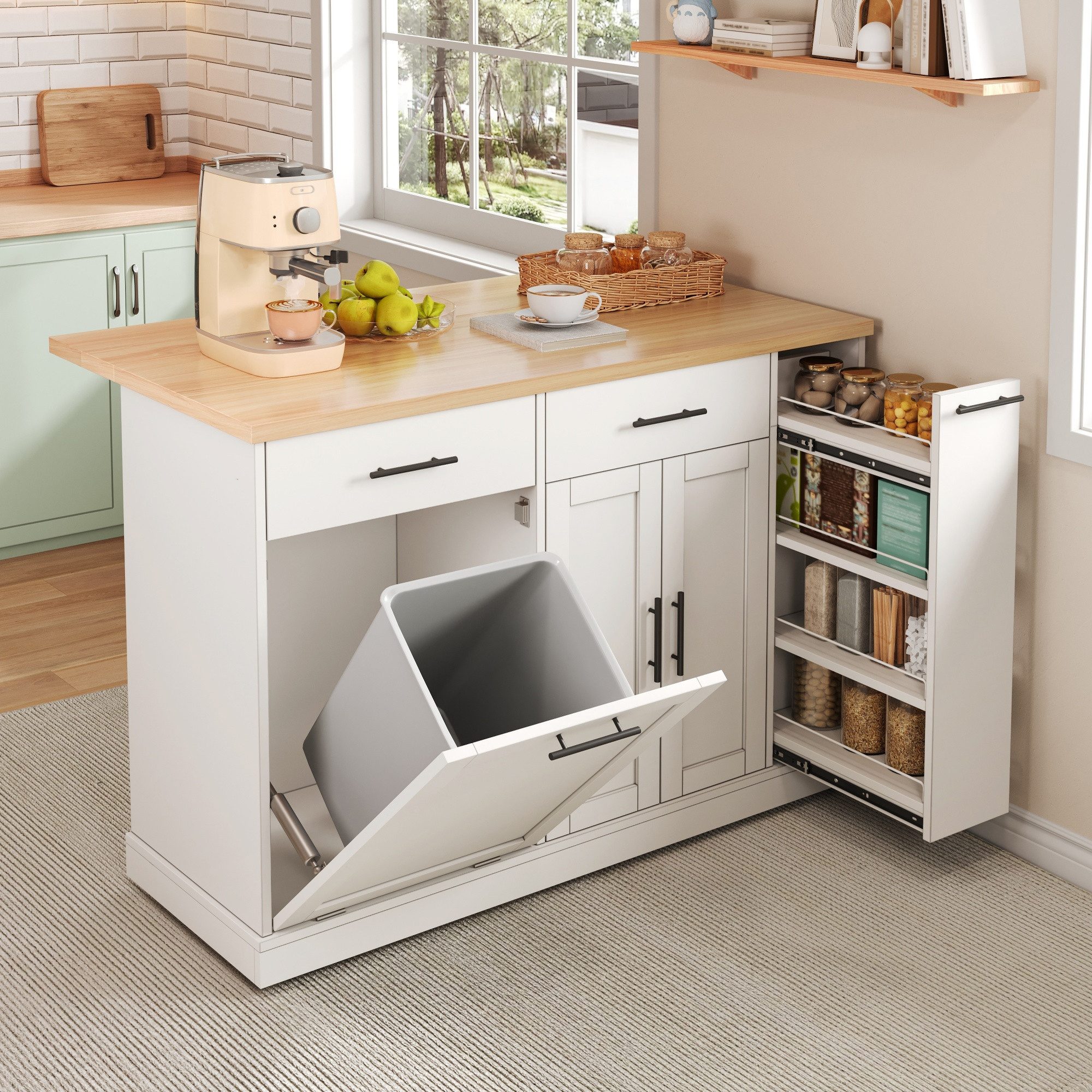 BlingBin Küchenwagen Kücheninsel auf Rollen mit klappbarer Arbeitsplatte,mit Müllschrank, (1 Stück, 1 St., 120 × 45 (70) × 93 cm), mit 4-stufigem Gewürzregal, 2 Schubladen und feststellbaren Rollen