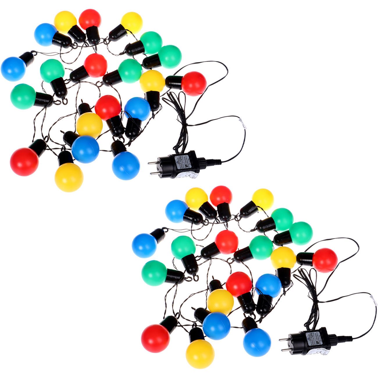 shop'n smile ideoon LED-Lichterkette 4-farbige LED-Lichterkette ca. 4m 20 bunte Glühbirnen IP44 Party-Deko, 4,8m Party-Lichterkette, 20 bunte LED-Gluehbirnen & Befestigungshaken