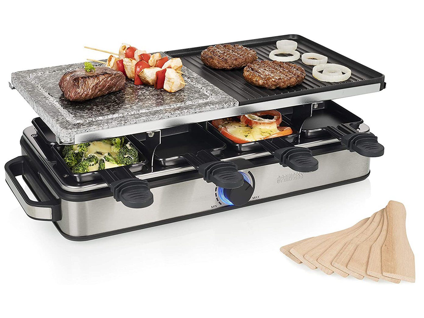 PRINCESS Raclette, 8 Raclettepfännchen, 1400 W, 5in1 RACLETTE Gerät für